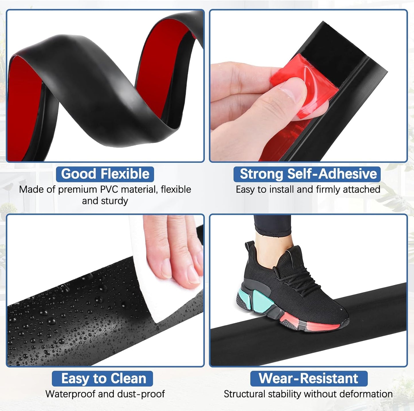 Vinyl Door Threshold Flooring Transition Strip Self Adhesive Carpet Edging Strip for Laminate Doorway Edge Threshold from 3/5" to 4/5" (Black, 6.6 Ft)