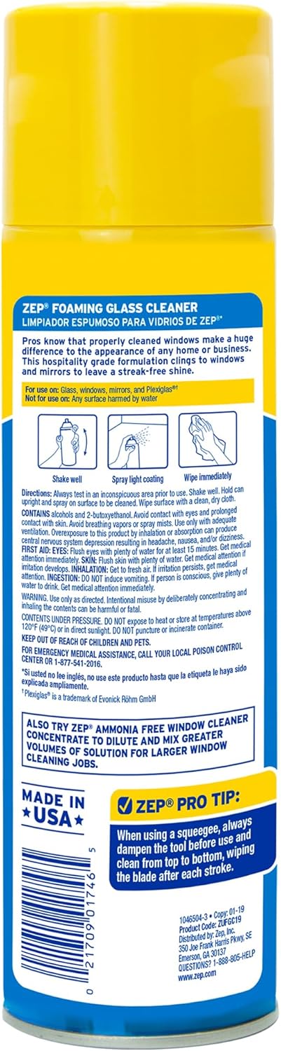 Zep Foaming Glass Cleaner - 19 oz (Case of 12) ZUFGC19 - Streak-Free Professional Grade Formula that Dissolves Dirt, Fingerprints and Grime on Glass, Mirrors, Windows and Plexiglas in Home, Business,