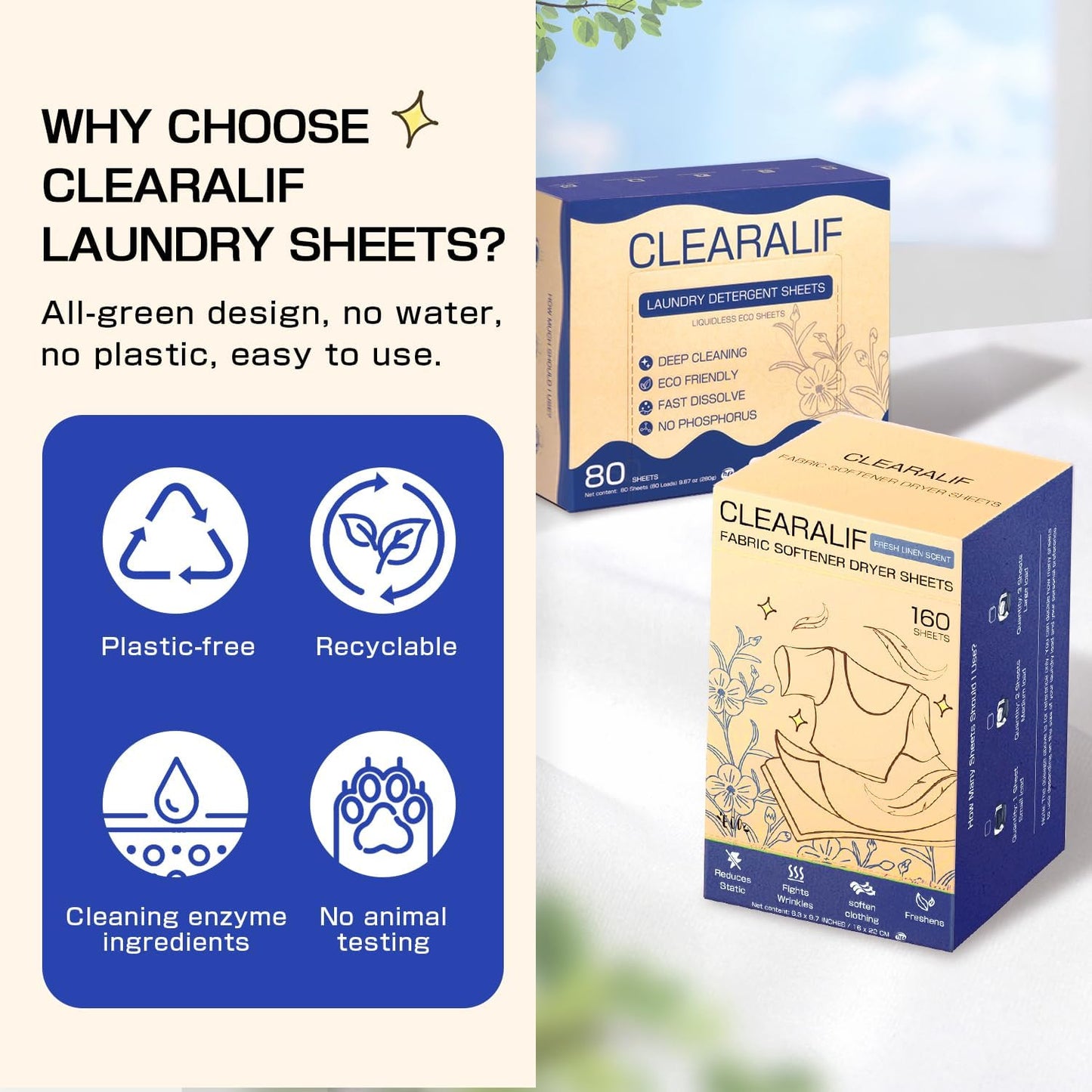 Clearalif All in One Laundry Detergent Sheets Kit, Fresh Linen Scent, 160 Loads Laundry Sheets + 160 Drying Sheets, Laundry Set Great for Travel, Softener Sheets Eco Package Friendly & Hypoallergenic