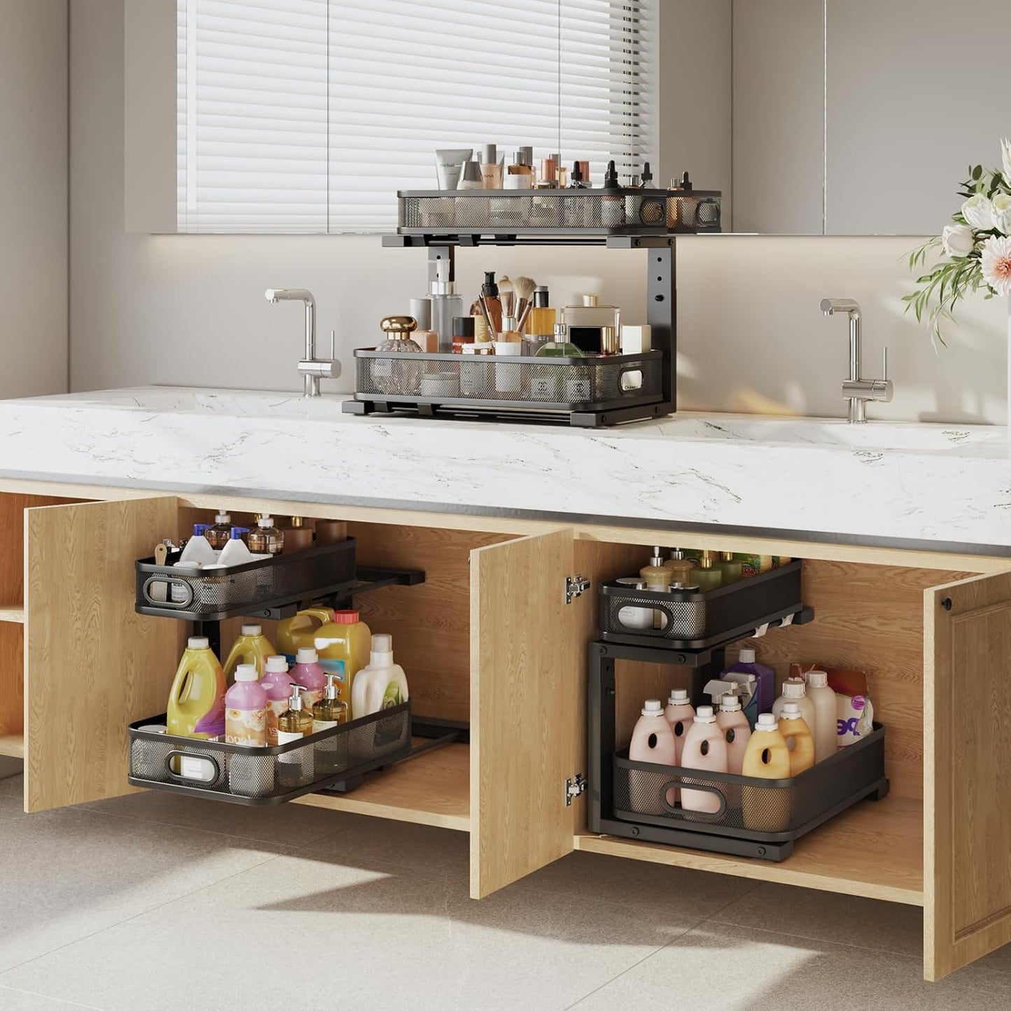 2 Pack 15.7IN-Depth Under Sink Organizer With Smooth Cylindrical Rail,2-Tier Pull Out Multi-Purpose Cabinet Storage for Bathroom&Kitchen,Height Adjustable,Rust-resistant Coating-Black