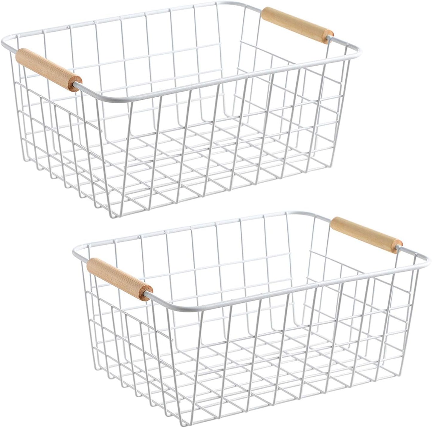 Kitchen Wire Baskets Farmhouse Decor Metal Food Storage Organizer,Household Refrigerator Bin with Built-in Handles for Cabinets, Pantry, Bathroom,2 Packs(white)