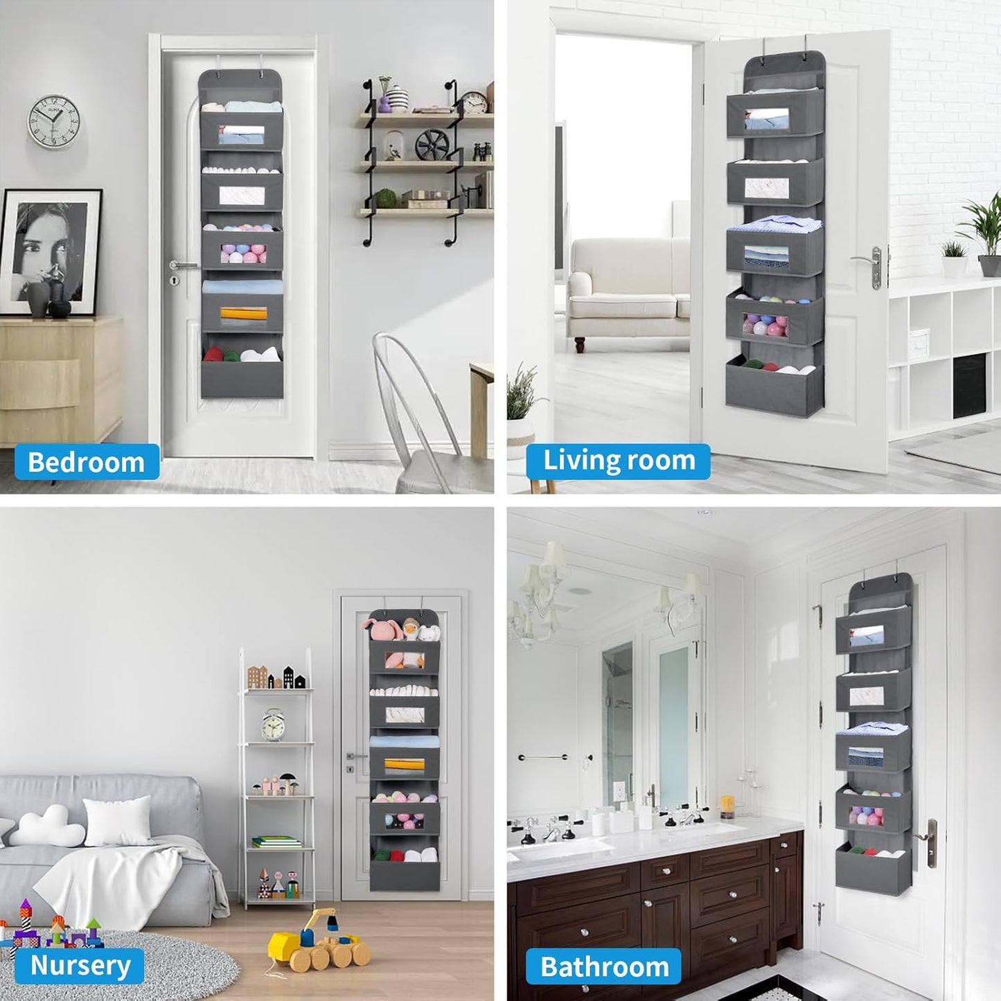 MAX Houser 5-Shelf Over The Door Hanging Organizer with 2 Metal Hooks, 5 Pocket Over The Door Wall Mount Storage with Clear Windows for Baby Nursery Bathroom Closet,Bedroom,Dorm,Diapers,Kids Toy(Gray)