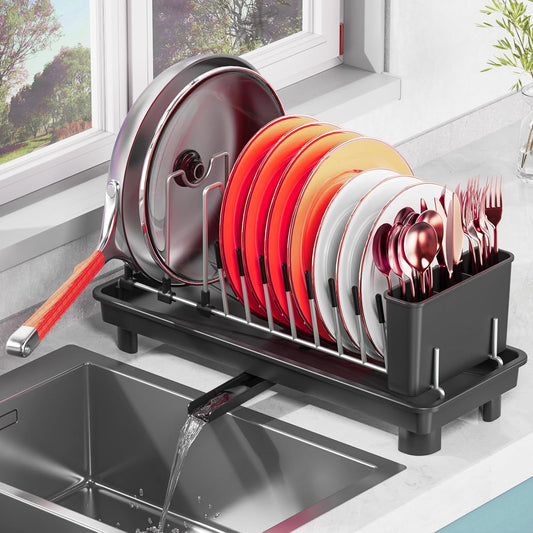 Small Dish Drying Rack, Compact Dish Rack for Kitchen Counter with Removable Cutlery Holder, Multifunctional Stainless Steel Dish Drainer, Space Saving