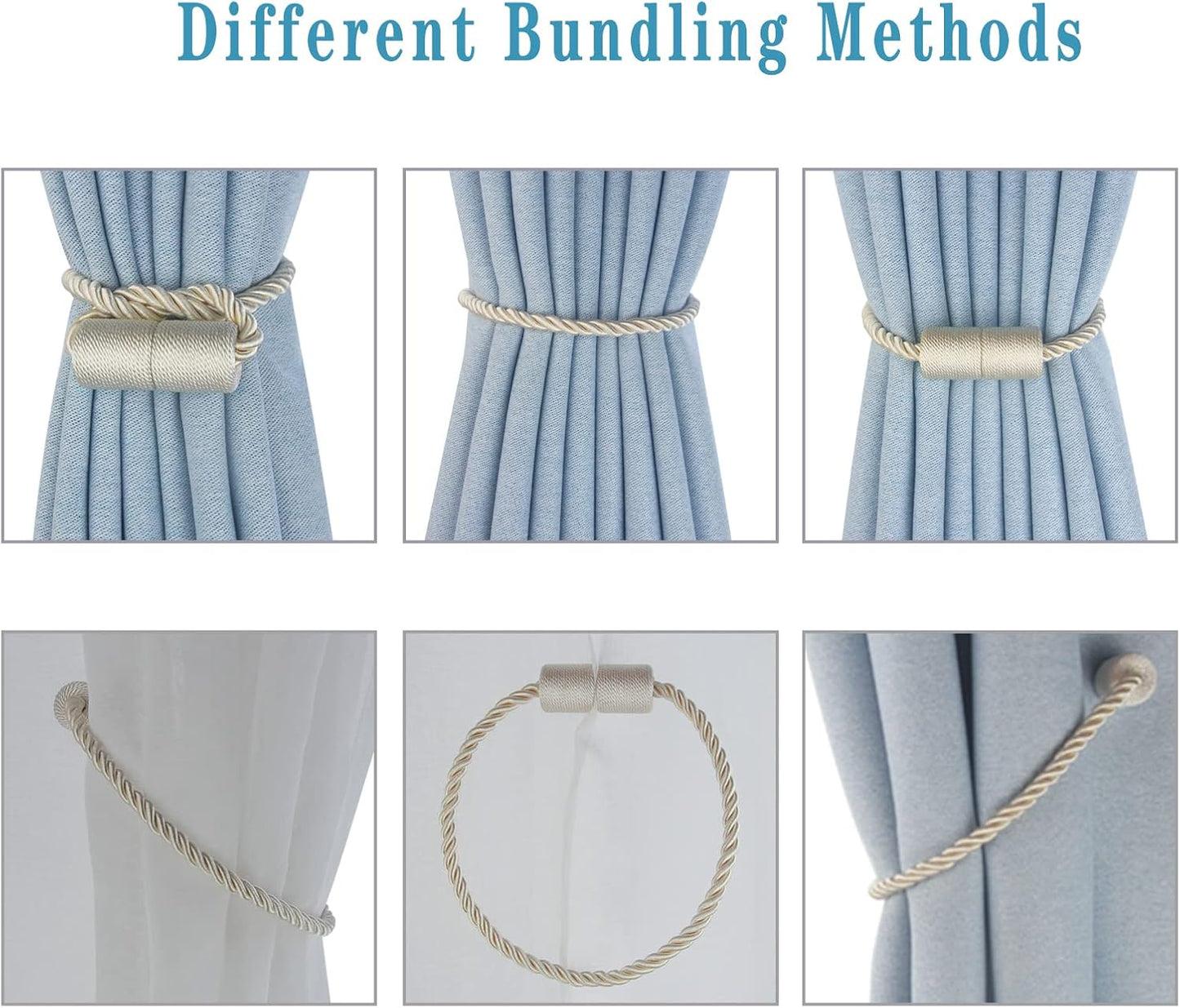 Magnetic Curtain Tiebacks 6 Pack Beige Curtain Rope Tieback Curtain Holders for Drapes Modern Tie Backs Decorative Curtain Holdbacks
