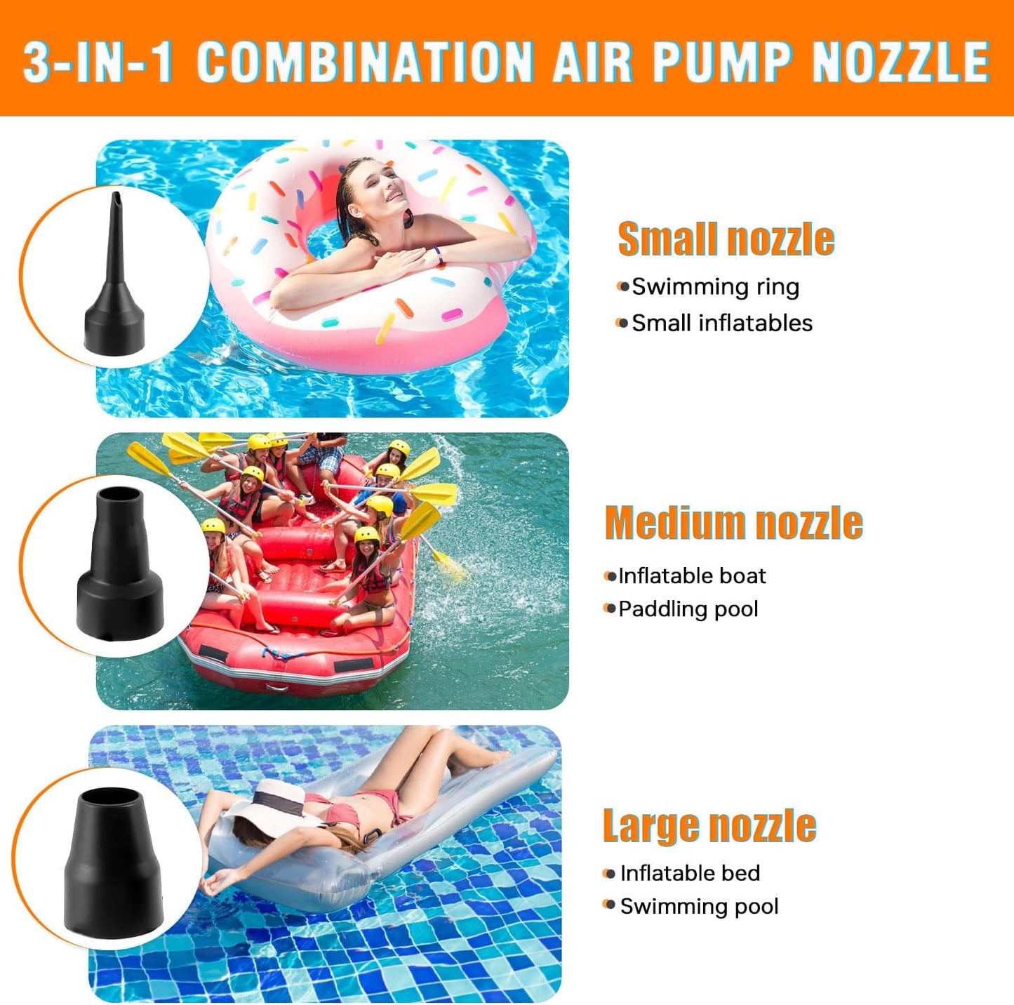 Air Pump Replacement Nozzles, 3 Set Replacement Nozzles, 3 Sizes Air Pump Attachments for Inflatable Bed Mattress Pool Floats- Black