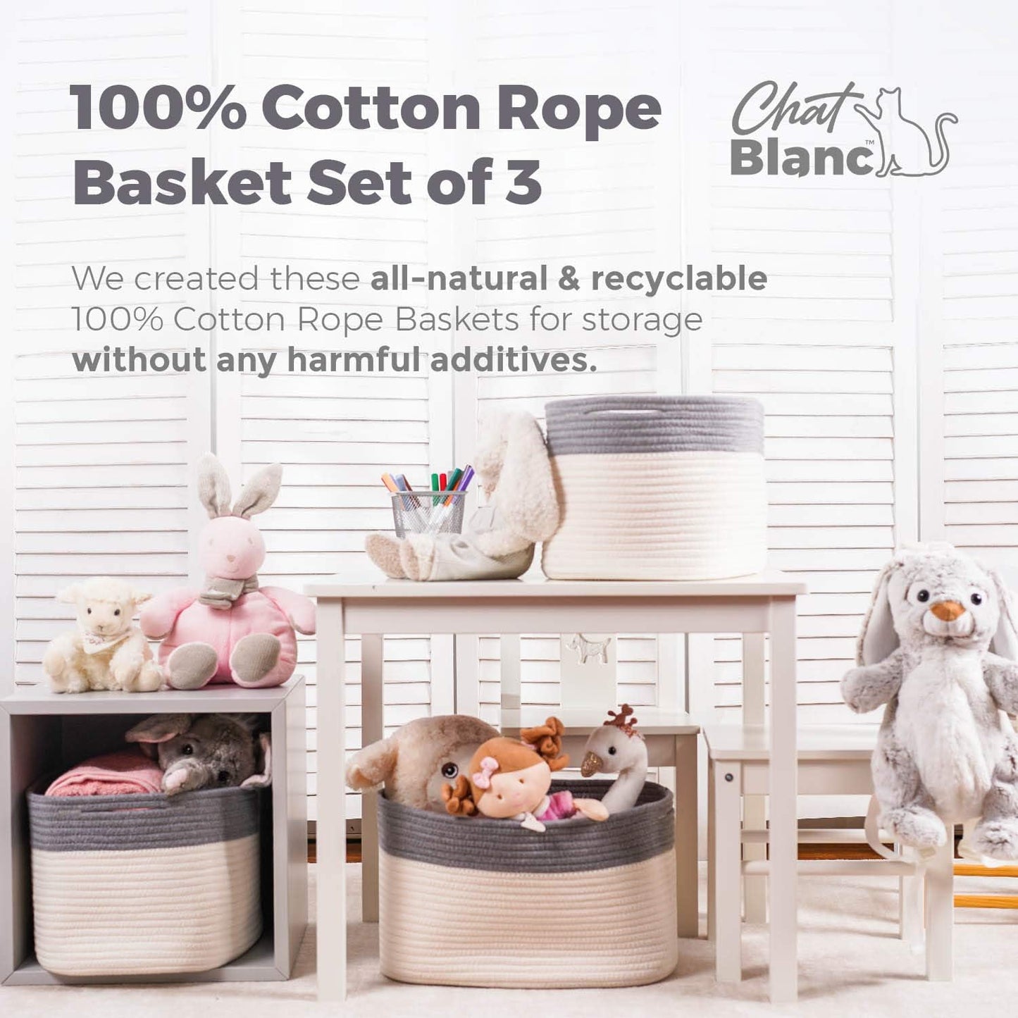 CHAT BLANC Cotton Rope Baskets for Organizing | Storage Baskets for Shelves | Rope Basket for Storage, Small Laundry Baskets, Woven Baskets for Storage, Dog Toy Bin, Baby Basket,Dark Gray&White 3 Pack