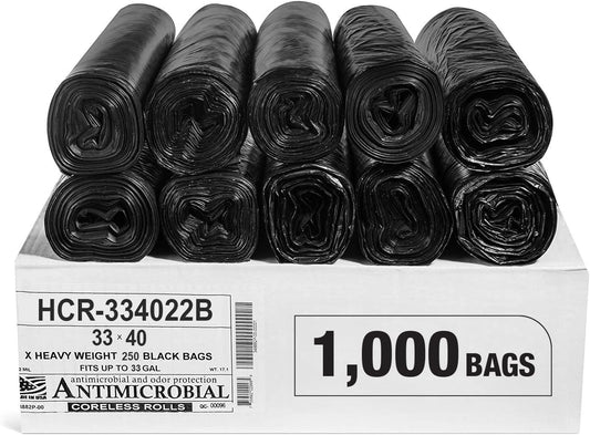 Aluf Plastics High Density Trash Bags, 33 Gallon, 1000 Count, 22 Micron (eq), 33" x 40", Black, for Bathroom, Office, Industrial, Commercial, Janitorial, Municipal, Recycling