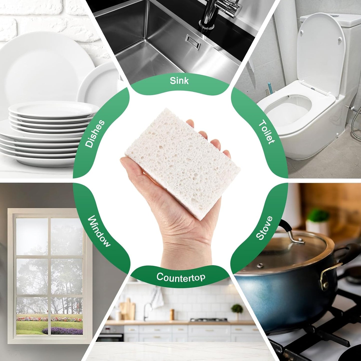 6-Pack Kitchen Sponges, Condense Eco Cellulose Non-Scratch Scrub Heavy Sponge for Kitchen/Household/Bathroom, Clean Tough Messes Dish Scrubber [White]