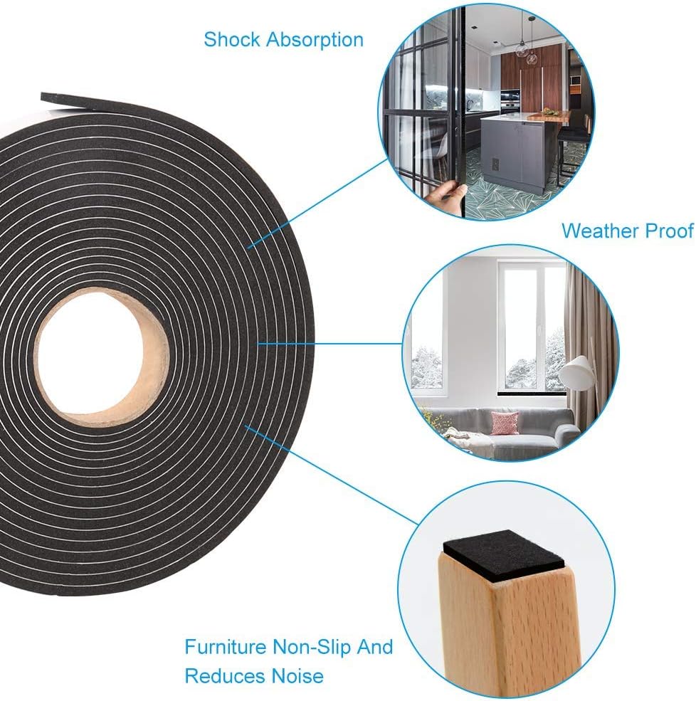 Seal Foam Tape,1/2 Inch W x 1/8 Inch T Weather Stripping for Door and Window,High Density Single Sided Closed Cell Door Insulation Weather Strip, 3 Rolls Total 50FT Black