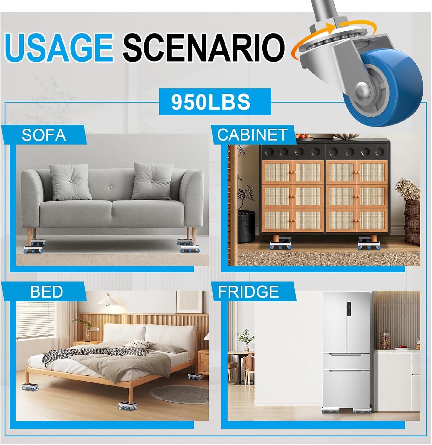 Furniture Dolly with Dual Groove Design: Furniture Sliders with 6 Wheels - for Various Types of Furniture Legs - for Moving Heavy Duty Sofa Bed - Load Capacity Up to 950lb