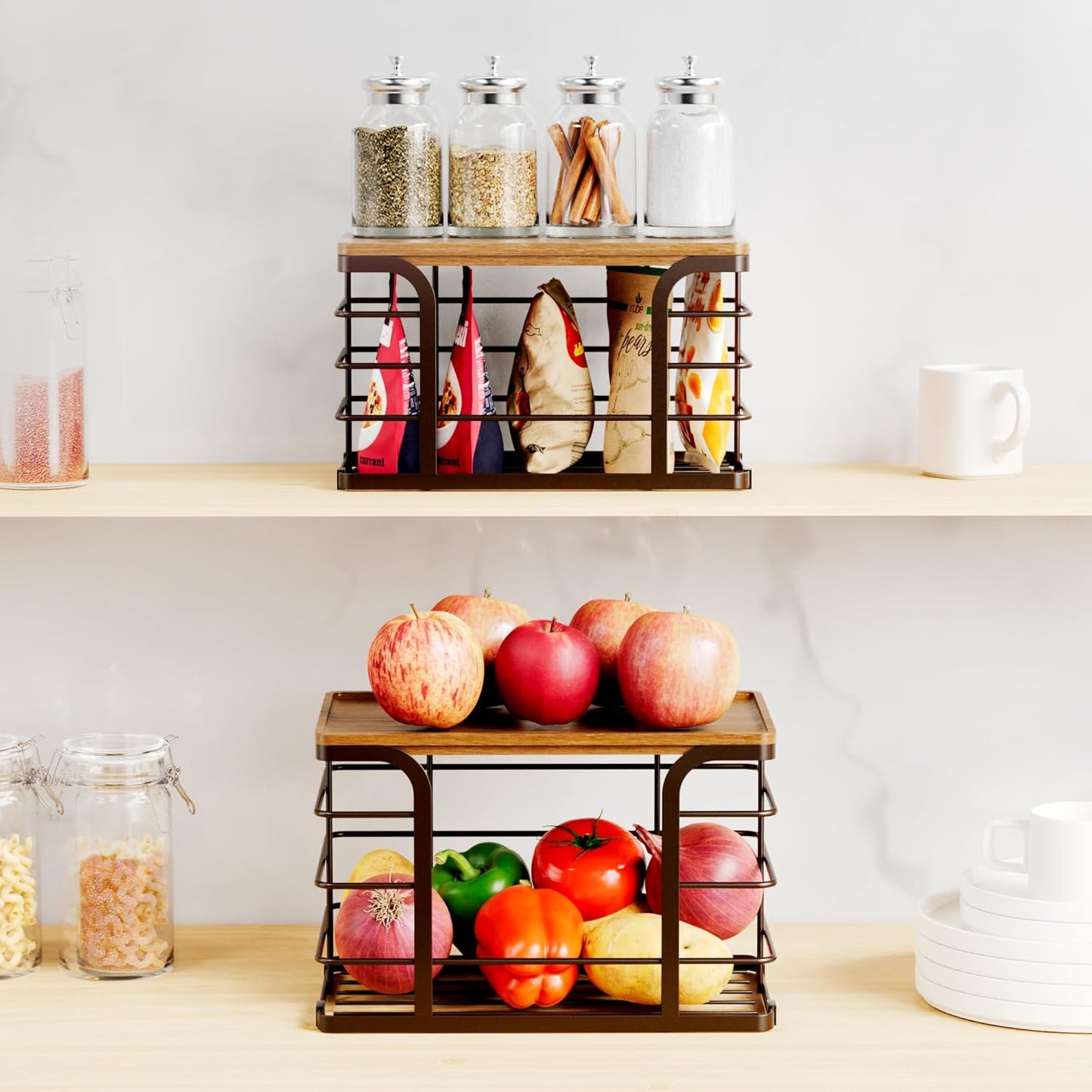 2 Pack Storage Stackable Kitchen Laundry Pantry Organizers,Wall Mount Trash Bag Holder Dispenser with Bamboo Top Countertop Organizer,Brown