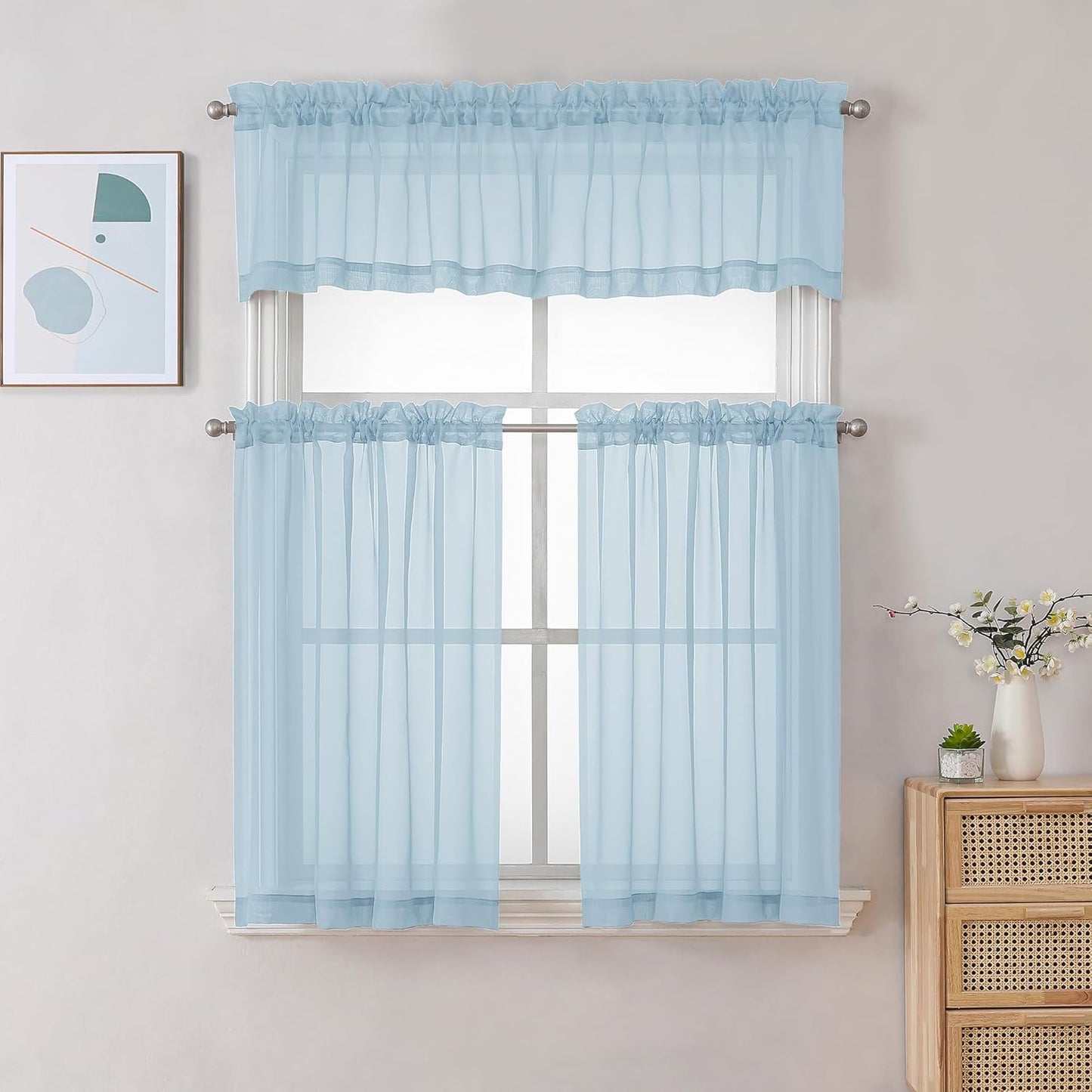 Chyhomenyc Sky Blue Sheer Curtains 30 inch Length 2 Panels, Light Filtering Voile Rod Pocket Short Window Curtians for Bathroom Living Room Farmhouse Small Windows, 42Wx30L inches