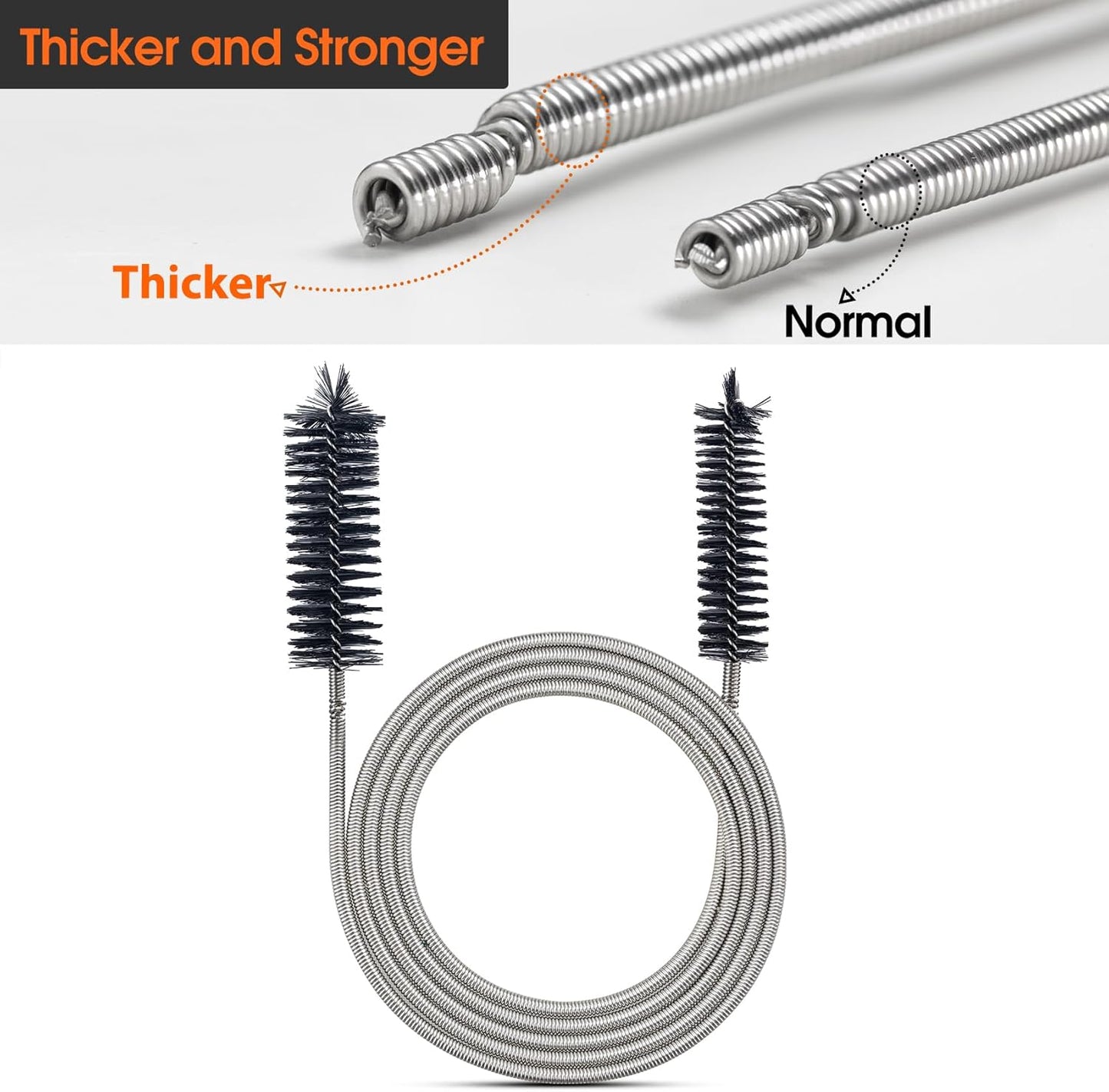 Extra-Thick Drain Brush with Stronger Spring 61-Inch Stainless Steel and Nylon Pipe Cleaner for Flexible, Curved & Slim Holes, Stronger Spring Version