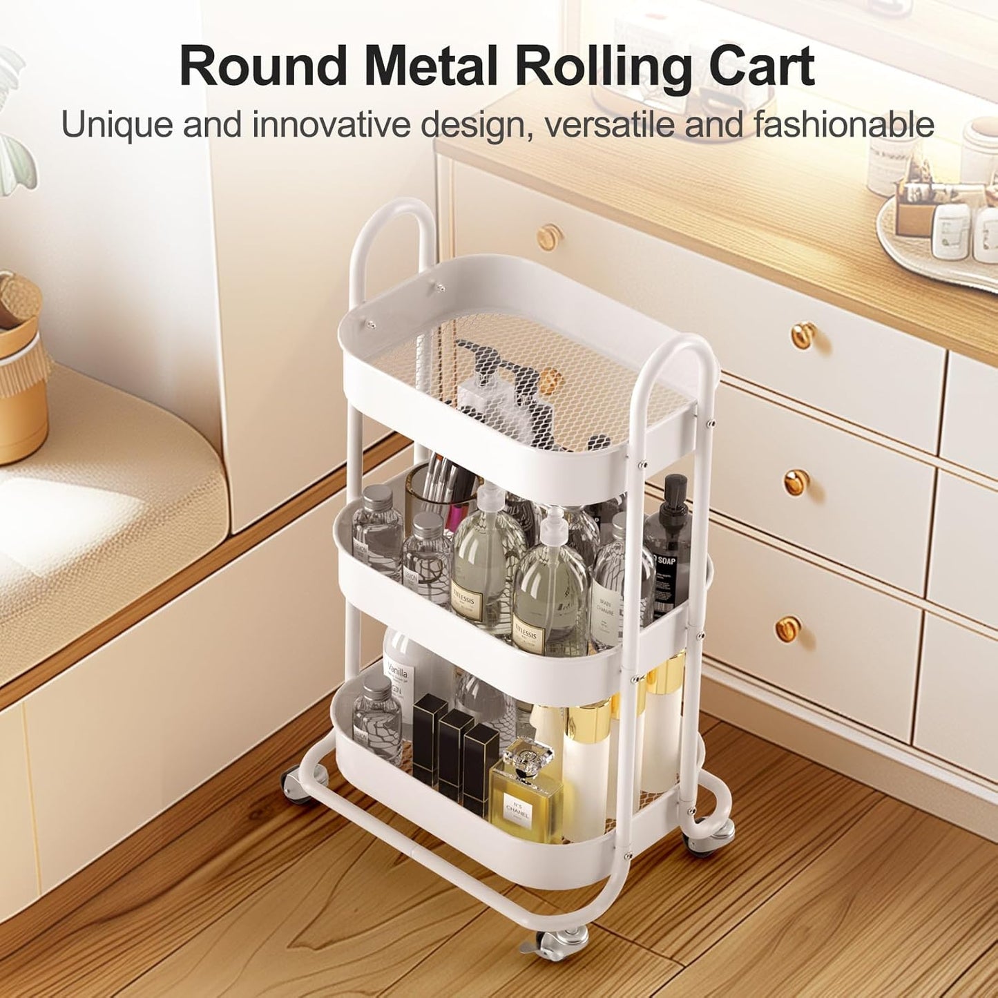 EAGMAK 3 Tier Rolling Cart, Round Metal Utility Cart with Lockable Wheels, Storage Cart Organizer Trolley with Mesh Shelves for Living Room, Kitchen, Bedroom, Office(White)
