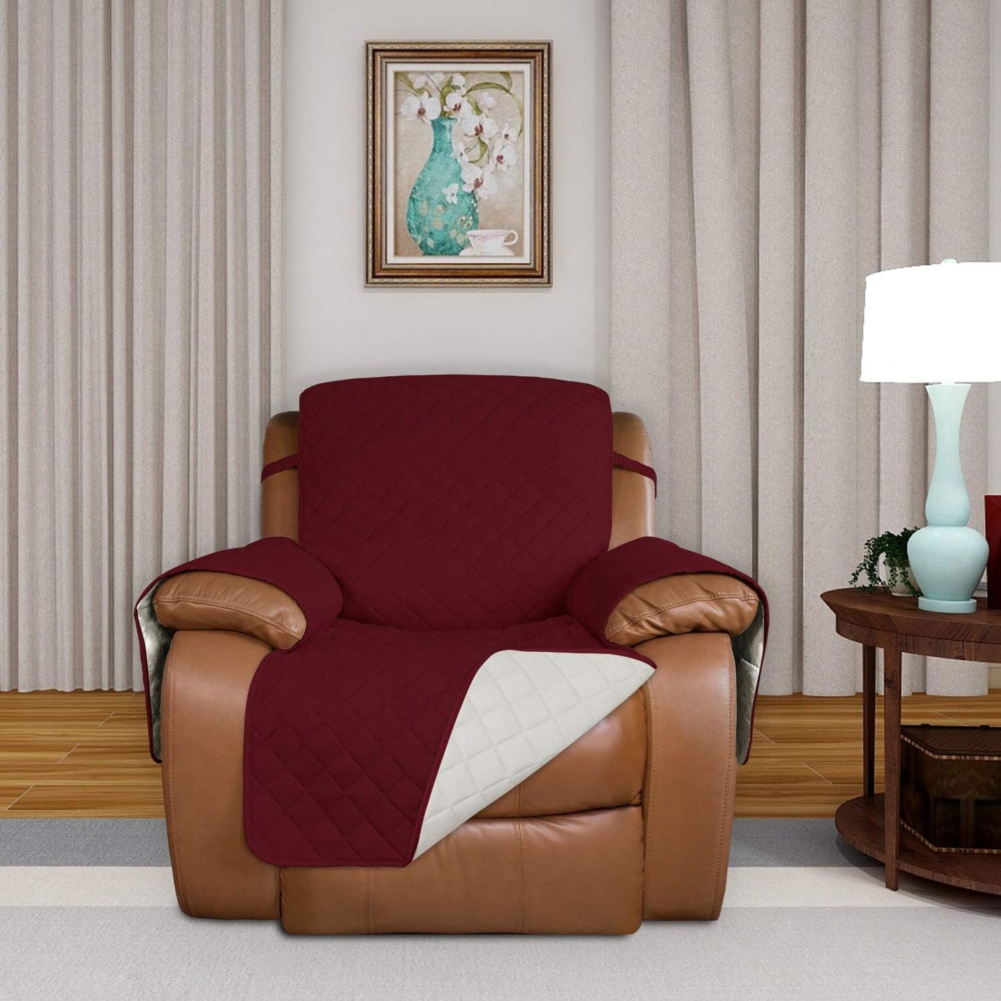 PureFit Reversible Quilted Sofa Cover, Water Resistant Slipcover Furniture Protector, Washable Couch Cover with Non Slip and Elastic Straps for Kids, Dogs, Pets (Oversized Recliner, Red/Ivory)