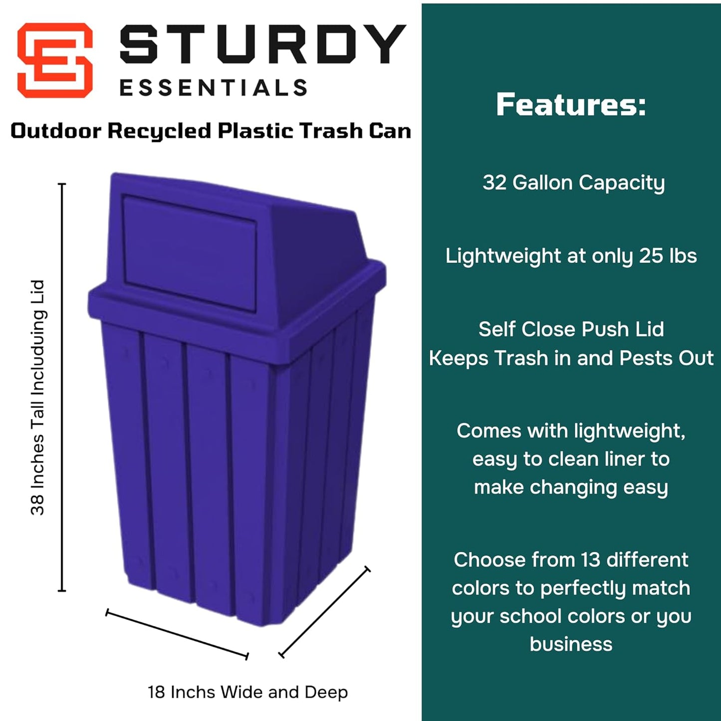 32 Gallon Square Slatted 100% Recycled Plastic Heavy-Duty Commercial Outdoor or Indoor Trash Can with Push Top Lid | Great for Schools and Businesses - Blue