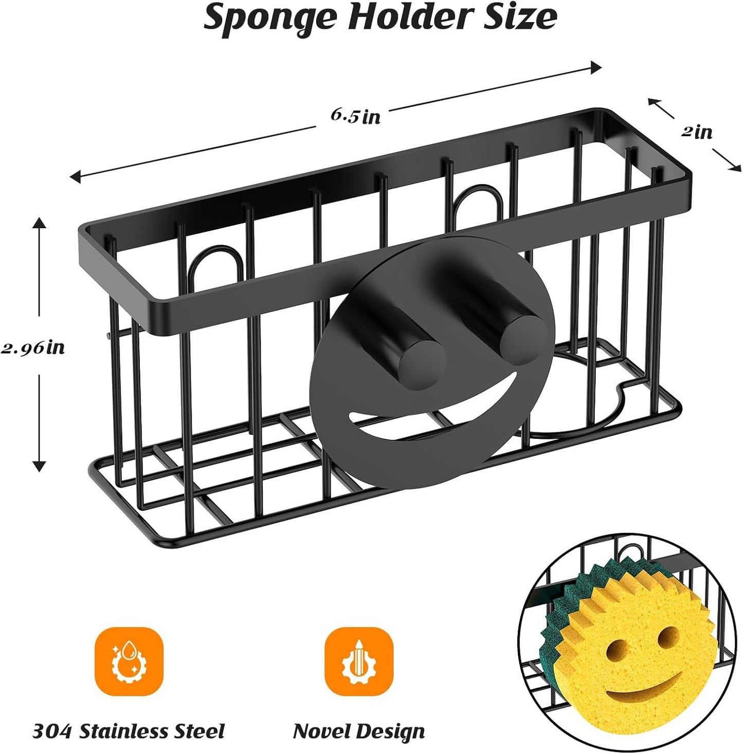 Sponge Holder Smiley Face,Sink Caddy,Sink Organizer with 2 Suction Cups/1 Adhesive Strips,Designed for Sponge,Soap,Dish Brush,Scrubber - Black
