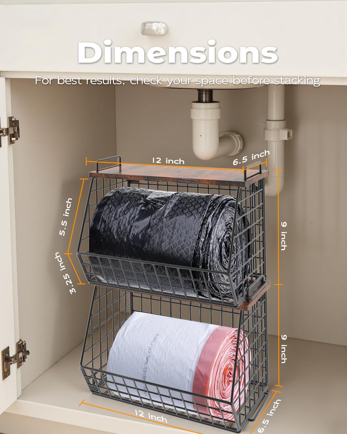 2 Pack Stackable Extra Large Trash Bag Holder Under Sink, Wall Mounted Garbage Bag Dispenser Roll Holder for 13/33 Gallon Trash Bags, Kitchen/Pantry/Laundry Room Organization Basket Storage Bin