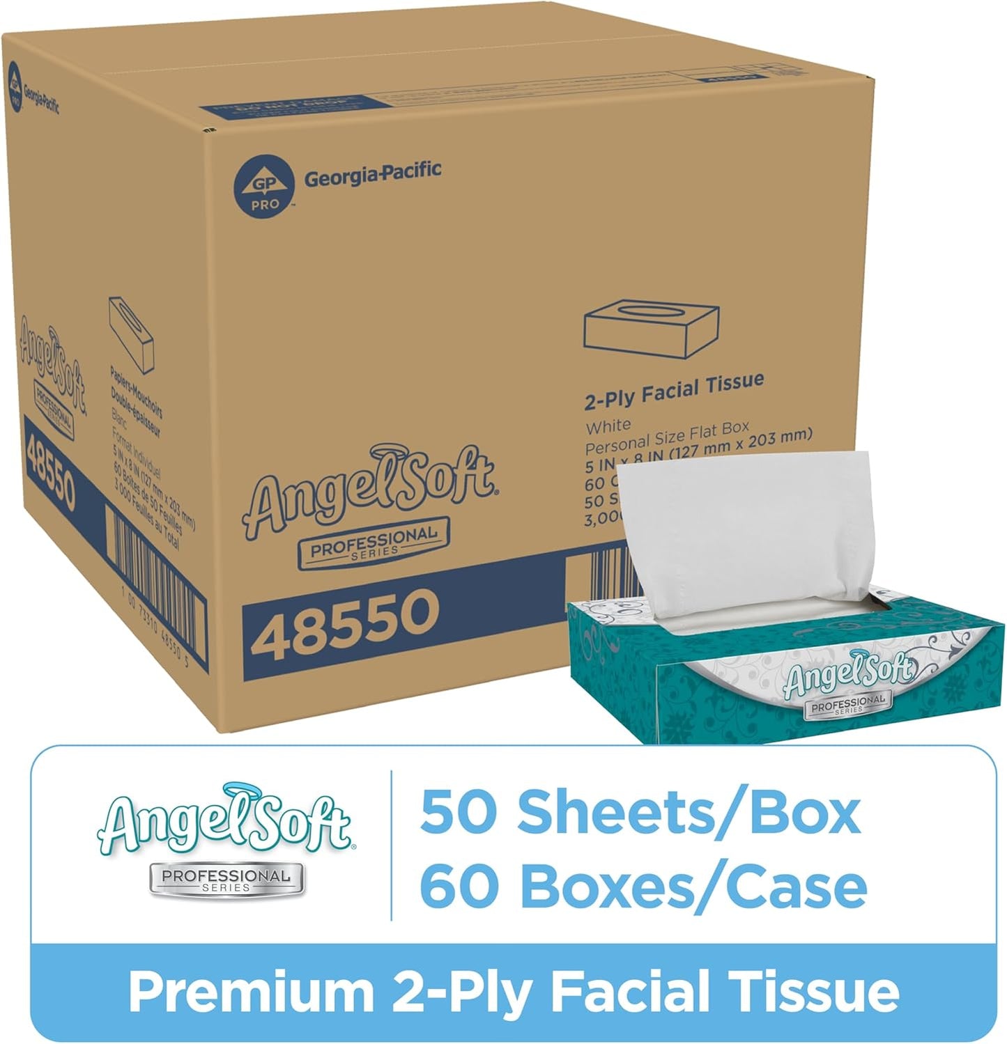 Georgia-Pacific Angel Soft Professional Series 2-Ply Facial Tissue (48550), 50 Sheets Per Box, 60 Tissue Flat Boxes Per Bulk Case