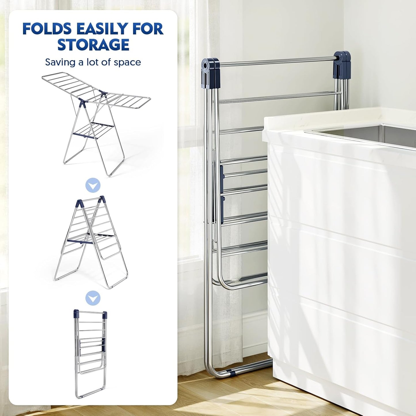 APEXCHASER Clothes Drying Rack, Stainless Steel Drying Rack Clothing with Height-Adjustable, Foldable Gullwings Laundry Drying Rack, Indoor Outdoor Use, No Assembly