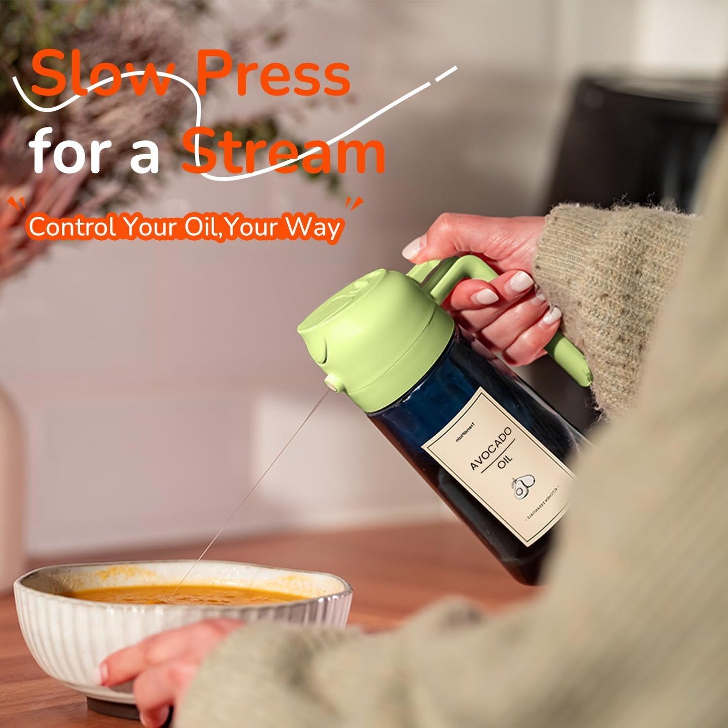 TrendPlain 16oz/470ml Blue Glass Olive Oil Sprayer for Cooking - 2 in 1 Olive Oil Dispenser for Kitchen Gadgets, Air Fryer, Salad, and BBQ - Green