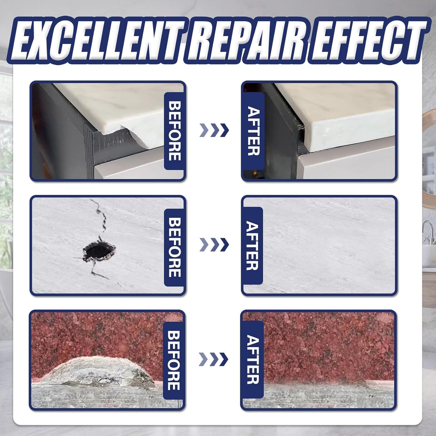 Tile and Granite/Marble Repair Kit, Porcelain Stone and Quartz Countertops Repair Kit for Chips Dents Cracks Holes Scratch, Fix Chipped Edges Corners, Reattaches Missing Pieces