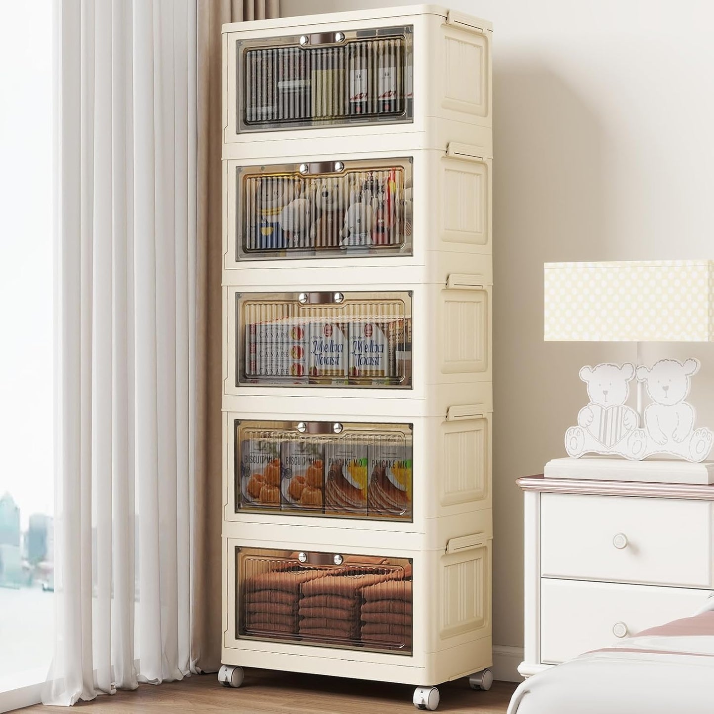 5 Tier - 34QT Storage Bins with Lids, Collapsible Storage Bins with Doors and Wheels, Plastic Storage Cabinet for Easy Storage and Organization for Living Room, Office