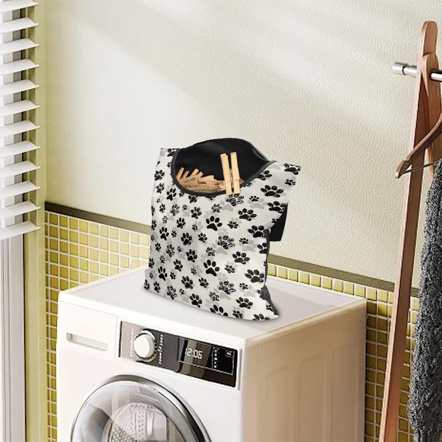 Dog Paw Print Clothespin Bag with Hanging Hook Summer Laundry Clothes Pin Holder Waterproof Clothes Pin Hanging Bag Clothespin Storage Organizer with Large Opening