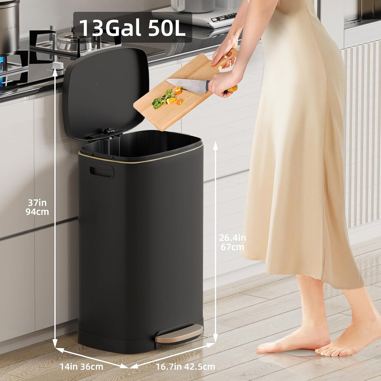 KUK 13 Gallon Kitchen Trash Can with Lid, 50L/13Gal Office Step Garbage Can for Home, Kitchen, Laundry Room, Office, Brushed Stainless Steel, Black