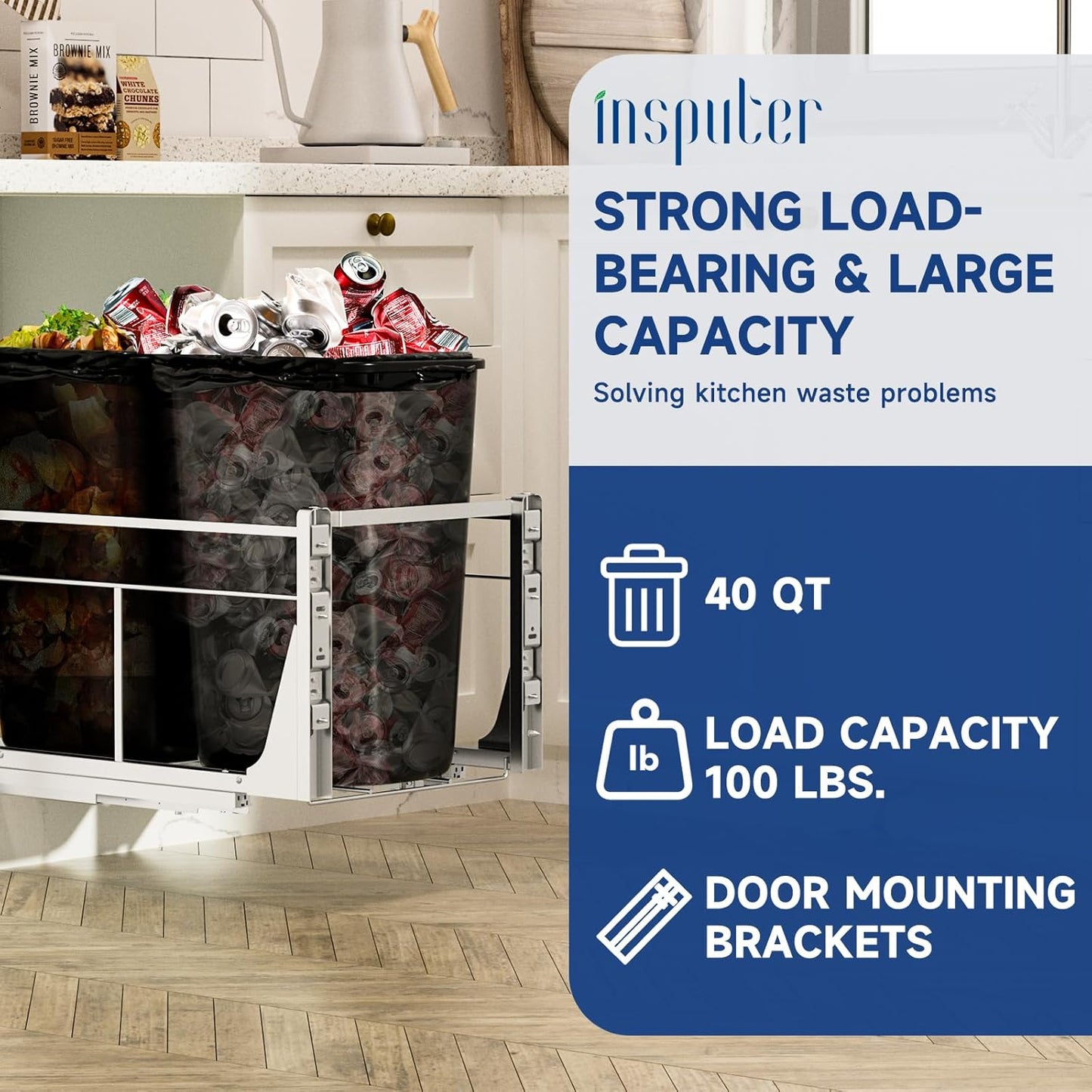 Insputer Double Pull Out Trash Can Under Cabinet with Push to Open Slides, Heavy Duty Under Sink Garbage Can Kit for Kitchen, Not Include Bin, Require 18" W X 24" D Cabinet, has Installation Video