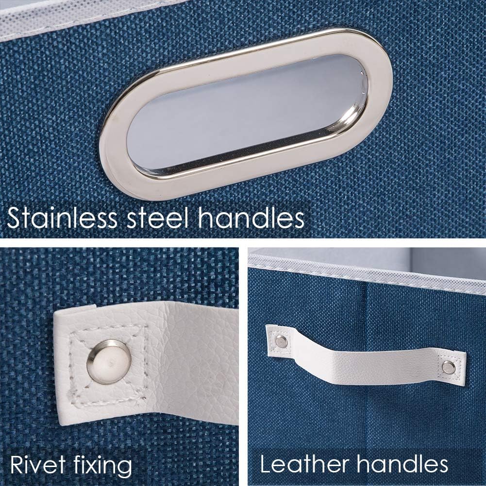 PRANDOM Large Collapsible Storage Baskets for Closet [3-pack] Decorative Fabric Storage Bins Cubes with Leather/Metal Handles for Shelves Bedroom Living Room Royal Blue (14.9x9.8x8.3 Inch)