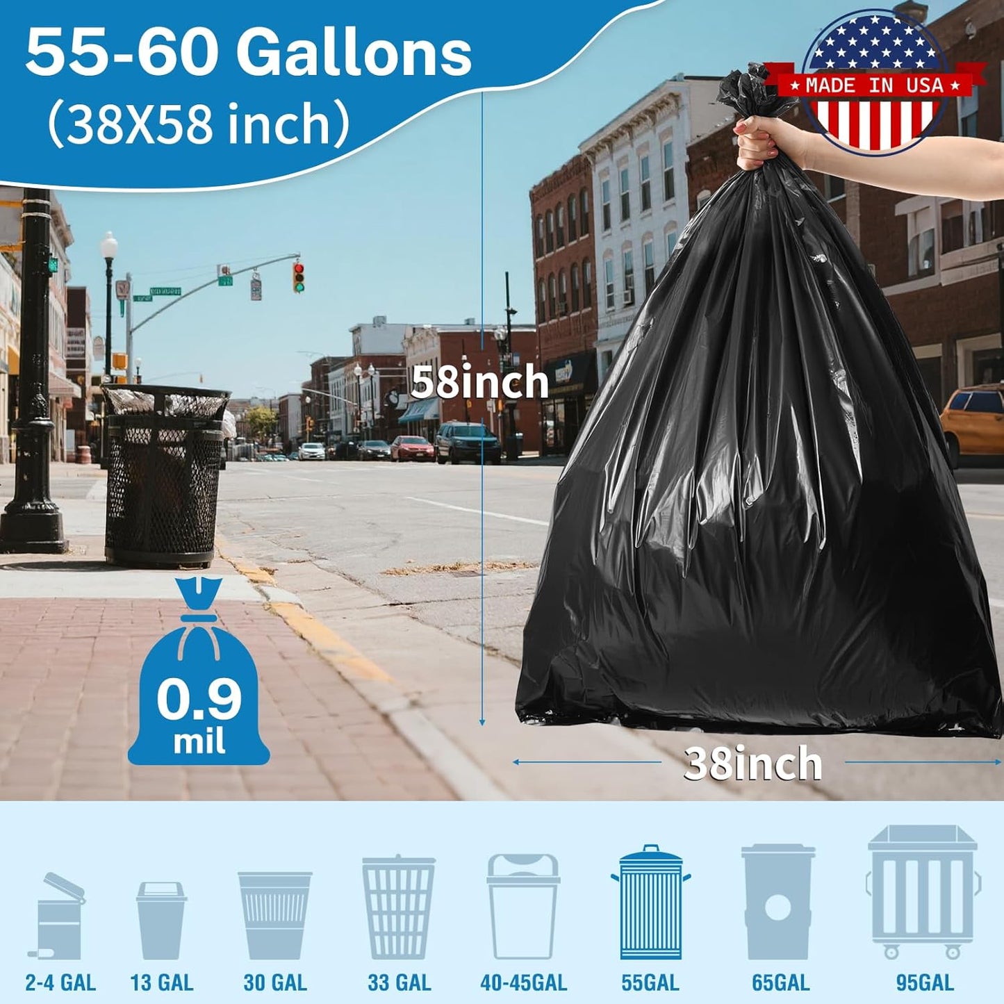 Heavy Duty Trash Bags 55-60 Gallon, Black - 100 Count Bulk Pack | 38" x 58" | Durable & Tear-Resistant Garbage Bags for Home, Commercial, Construction & Outdoor Use | Made in USA