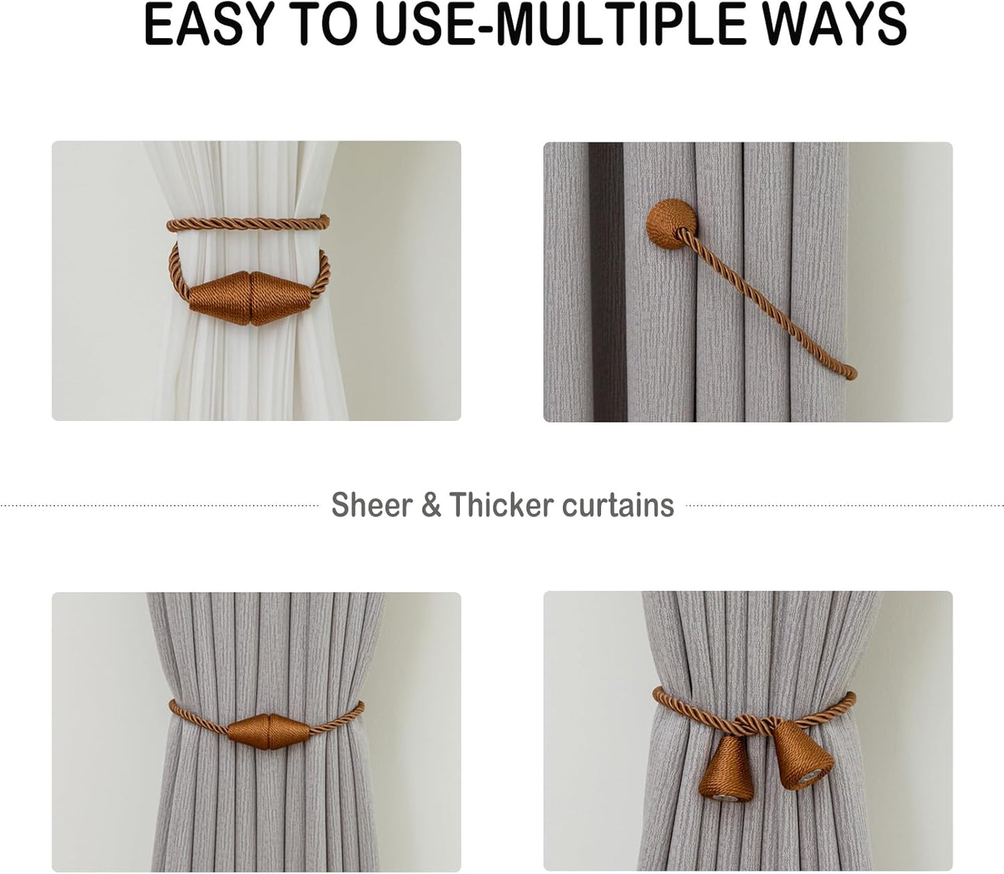 Magnetic Curtain Tiebacks 2 Pack Outdoor Rope Curtain Tie Backs Decorative Window Treatment Holdbacks for Home Decorative Curtain, Khaki