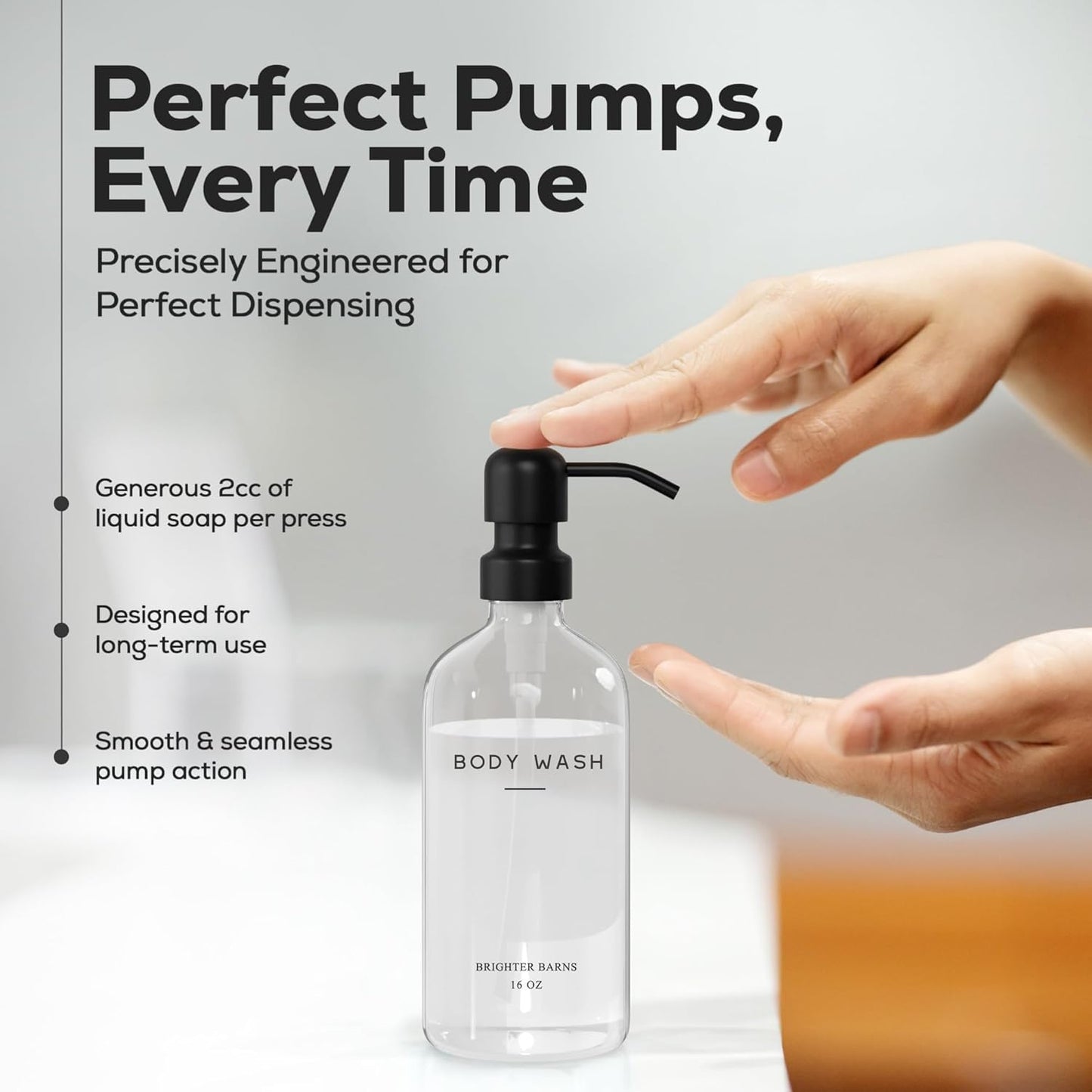 Clear Shampoo and Conditioner Dispenser Set by Brighter Barns - Body Wash, Shampoo Dispenser for Shower with Pump - Refillable Plastic Shower Bottles for Bathroom Decor in Home, Airbnb, Hotel (Clear)