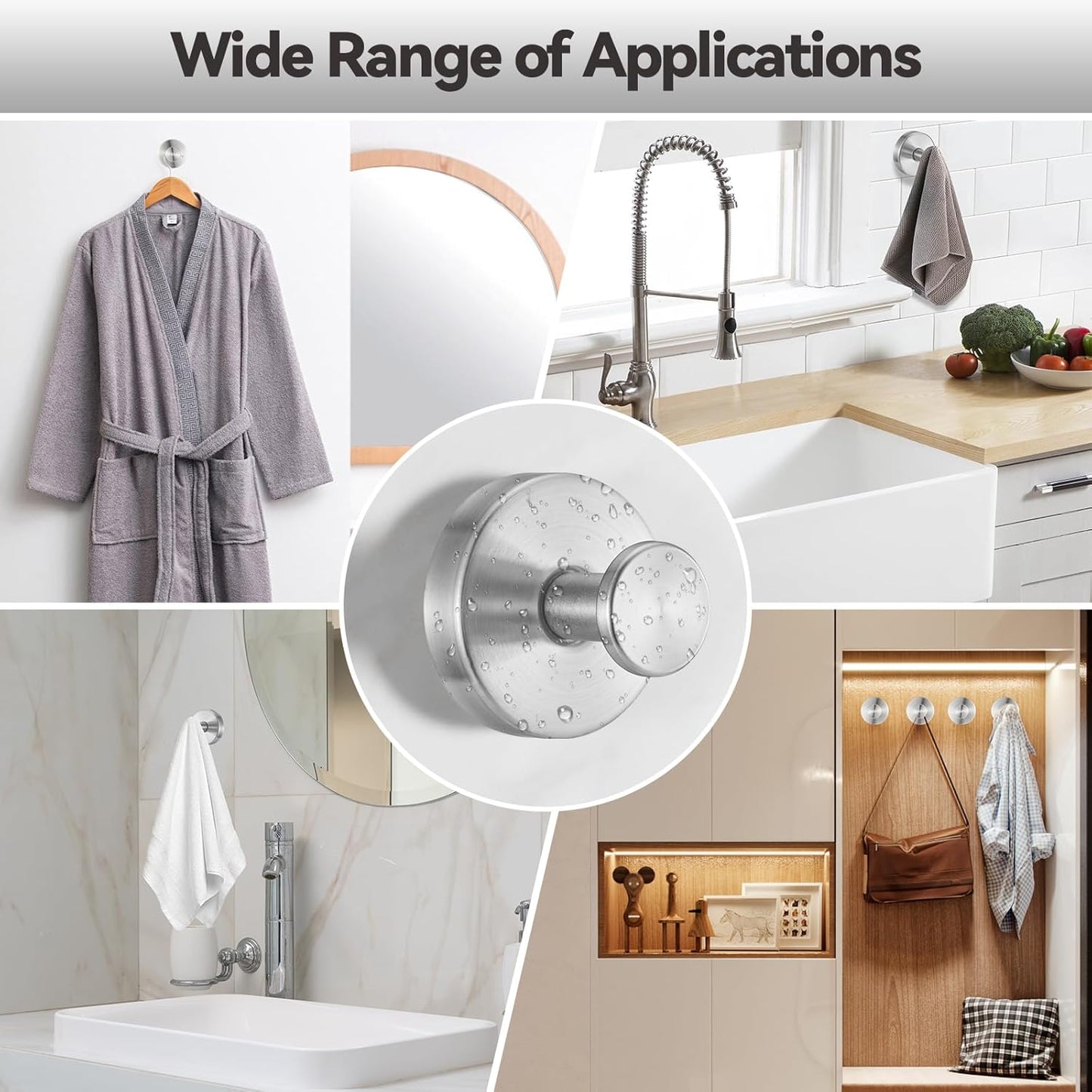 4 PCS Suction Cup Hooks for Shower, Stainless Steel No Drill Suction Towel Hooks, Reusable Sticky Silicone Suction Cup Base for Bathroom Wall, Glass, Mirror, Tile to Hang Loofahs, Robes (Silvery)