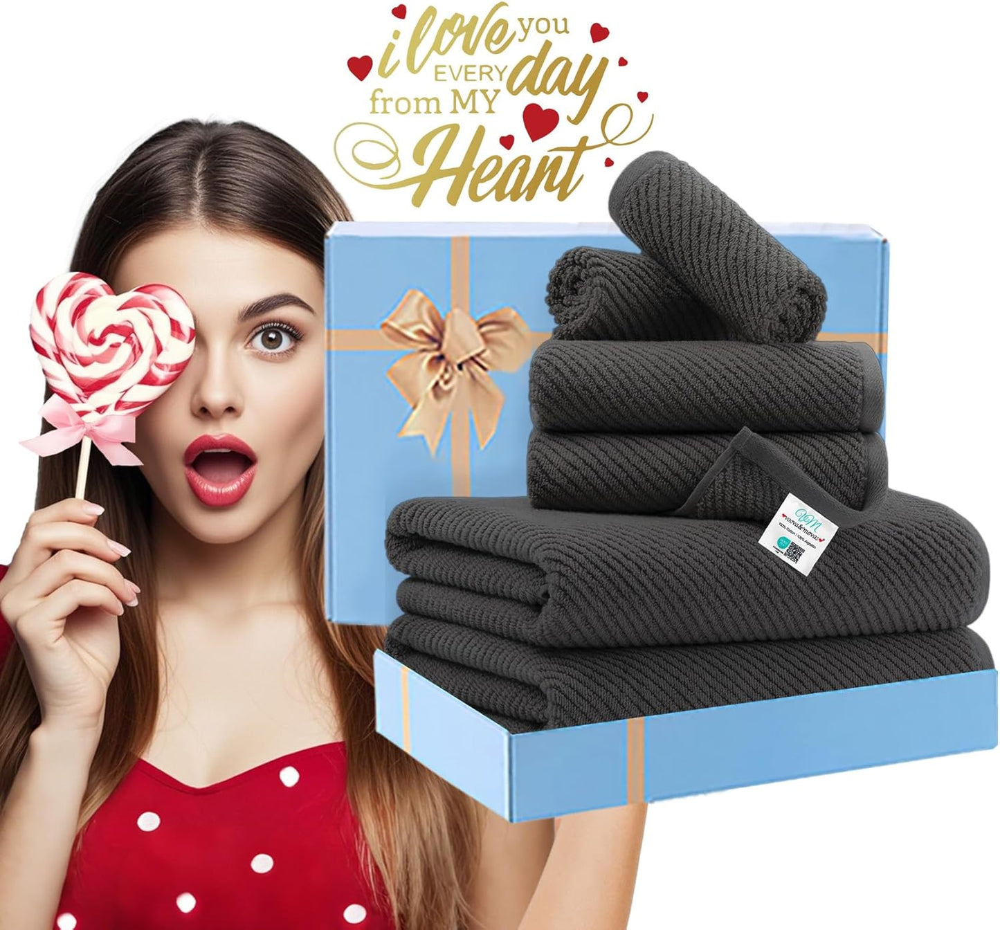 VOOVA & MOVAS Gray Towels - 100% Cotton | Lightweight | Quick Dry | Thick | Soft, Towel Set of 6, 2 Large Bath 30" x 56", 2 Hand 18" x 28", 2 Washcloths 13" x 13", Towel Gift Set, Dark Grey