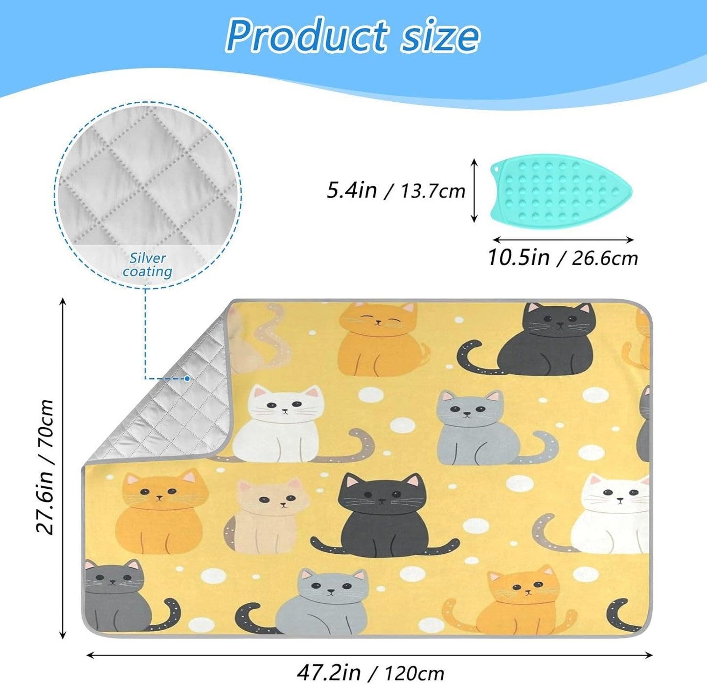 Yellow Polka Dot Cat Ironing Mat Thickened Ironing Blanket Travel Portable Double-Side Using Ironing Pad Travel Isolate Heat Pad Cover for Washer Dryer Table Top Countertop 27.6x47.2in