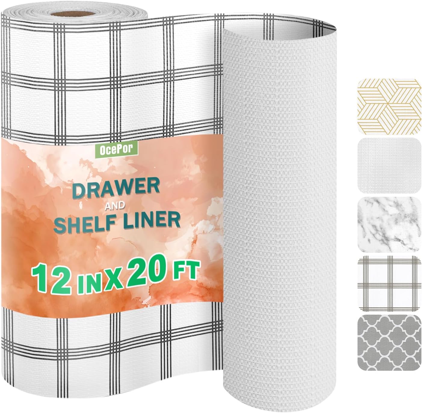 OcePor Non-Adhesive Drawer and Shelf Liner 12IN x 20FT，Non Slip Cabinet and Cupboard Liner, Kitchen Cabinet Liners for Shelves, Waterproof Drawer Shelf Liners for Cabinets/Bathroom Cupboard, Stripe