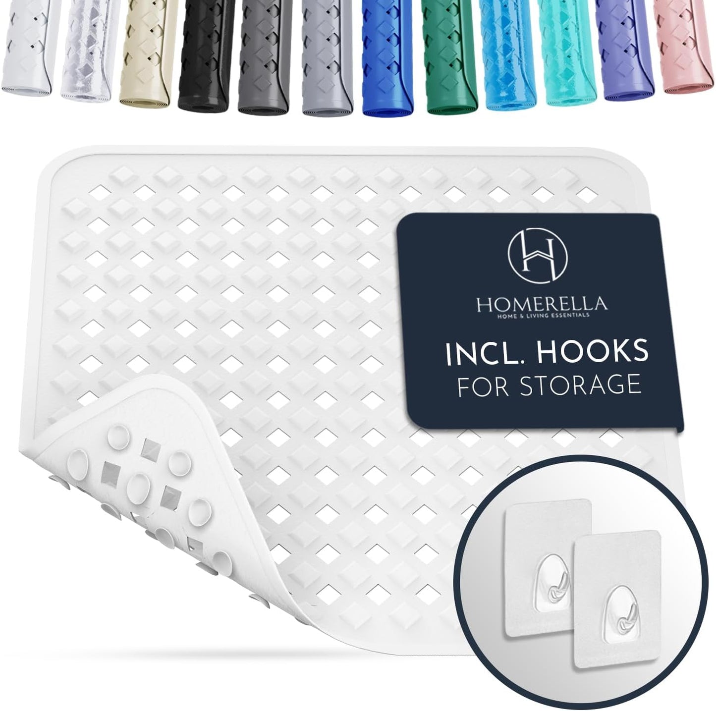 Homerella Anti Slip Shower Mat | Anti Mold Non Slip Bathtub Mat for Inside Shower | Square Floor Shower Mat 21 x 21 inch with Suction Cups for Grip & Hooks Hanging and Quick Drying | Machine Washable