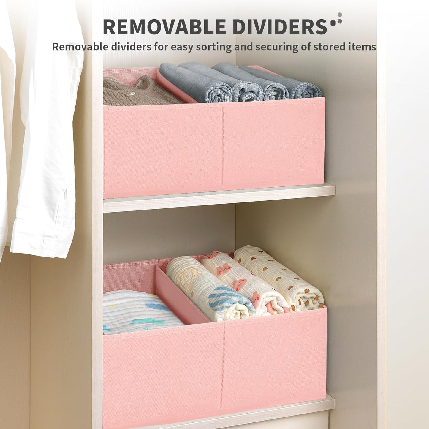 DIMJ Large Closet Shelf Organizer Bins 8 Packs with Handles and Divider, Fabric Trapezoid Storage Baskets, Foldable Clothes Containers Box for Shelf, Towel, Book, Toy, Purse, Hats, Pink