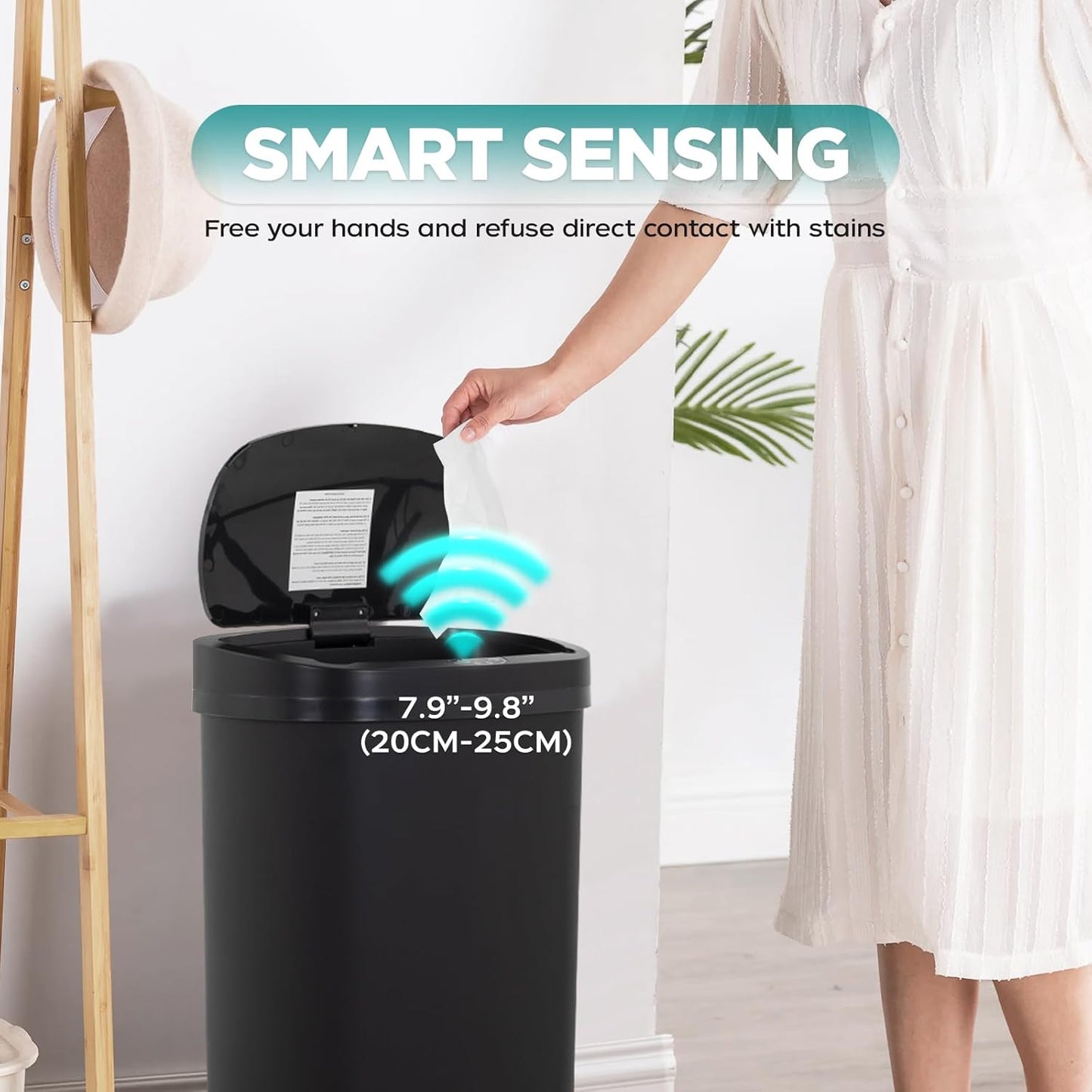 Automatic Motion Sensor Bathroom Trash Can with Lid, 13 Gallon Touchless Trash Bin, Smart Dog Proof Garbage Can, Touch Free Waste Basket for Toilet, Office, Bedroom,Black