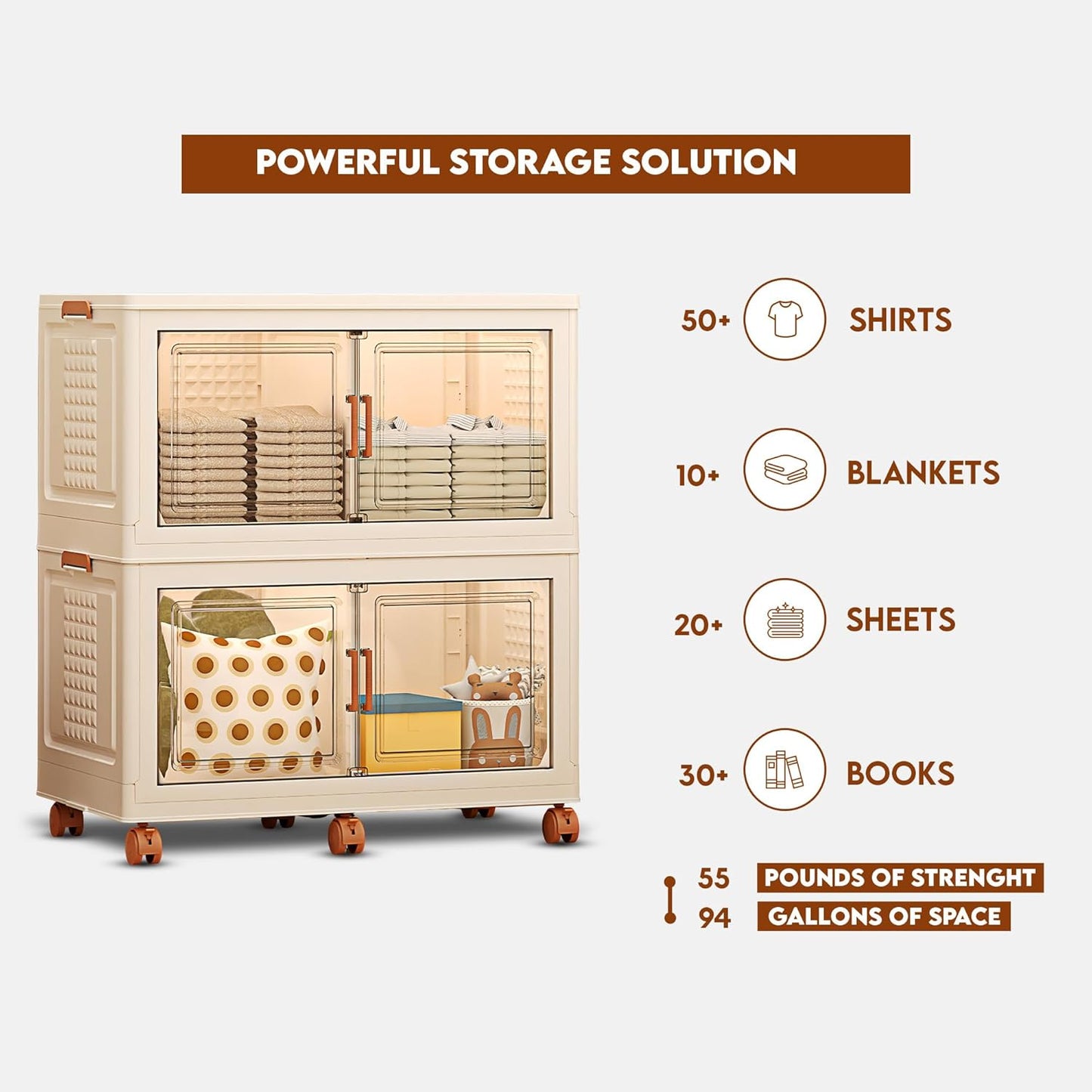 376QT/94Gal 2 Layers Stackable Storage Bins with Lids And Doors - Sensor Lights in Cabinets, Large Collapsible Container Box with 6 Wheels, Plastic Foldable Organizer for Home and Office