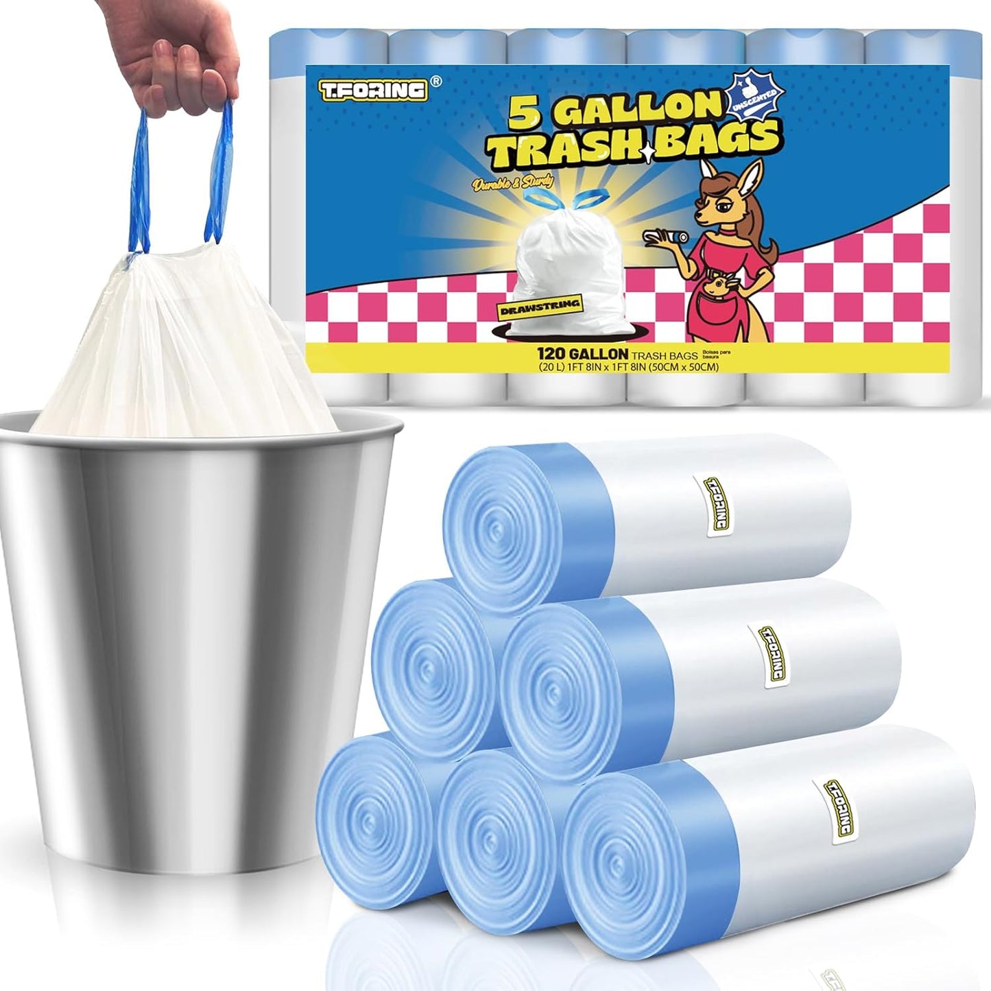 5 Gallon Trash Bags Drawstring 1.1 Mil - 120 Count 18 Liter Small Garbage Bags for Bathroom, Strong Unscented White Plastic Wastebasket Bin Liners for Kitchen Office Toilet and Bedroom