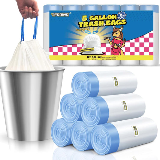 5 Gallon Trash Bags Drawstring 1.1 Mil - 120 Count 18 Liter Small Garbage Bags for Bathroom, Strong Unscented White Plastic Wastebasket Bin Liners for Kitchen Office Toilet and Bedroom
