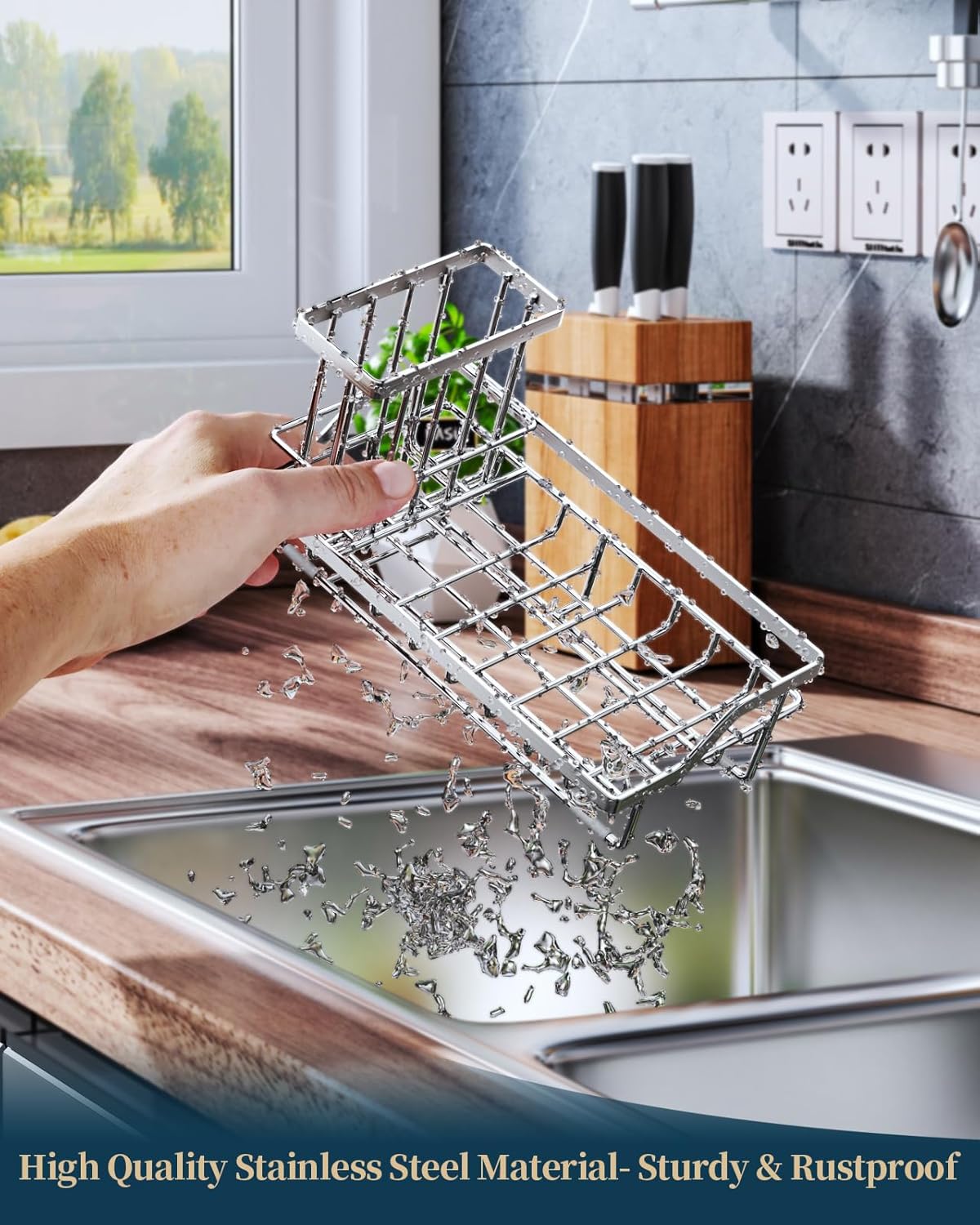 Consumest Sink Caddy, Kitchen Sponge Holder with Dish Brush Holder, Kitchen Sink Organizer with Drip Tray for Countertop Stainless Steel Rustproof, Silver-Large