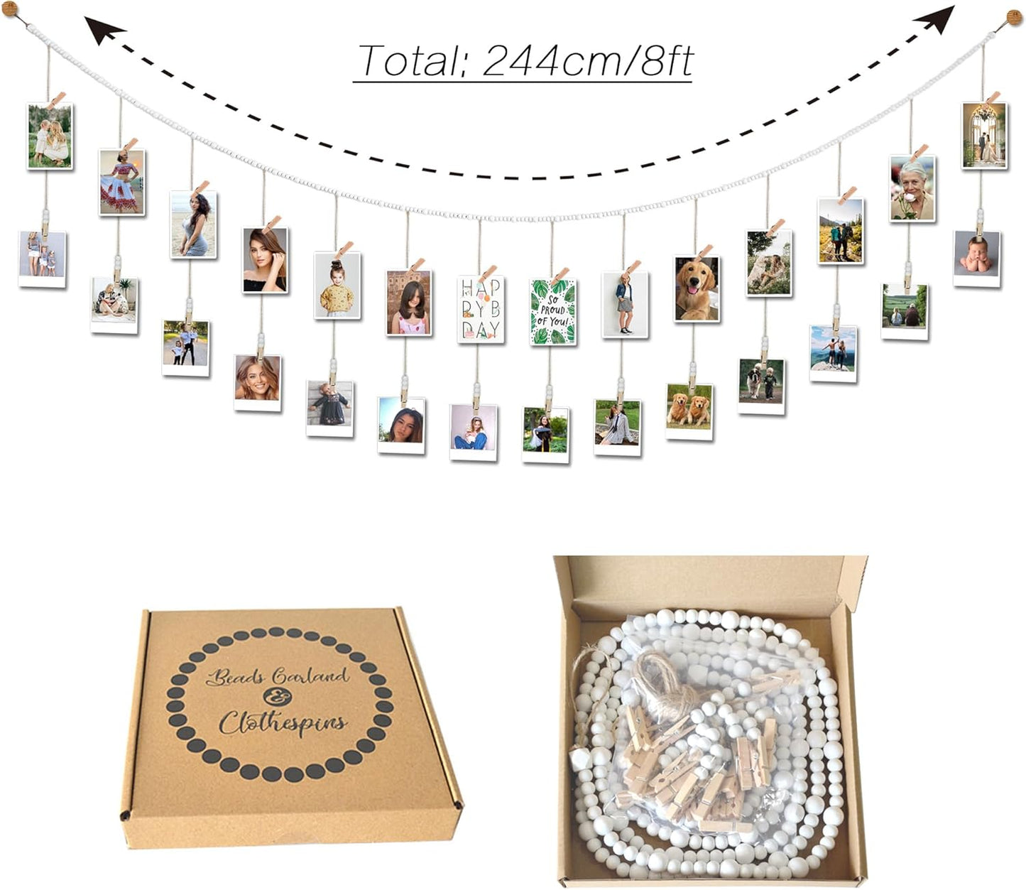 8 Feet Wooden Beads Garland with Clothespins Picture Cards Holder - Country Farmhouse Christmas Nursery Boho Holiday Decorations with Clips