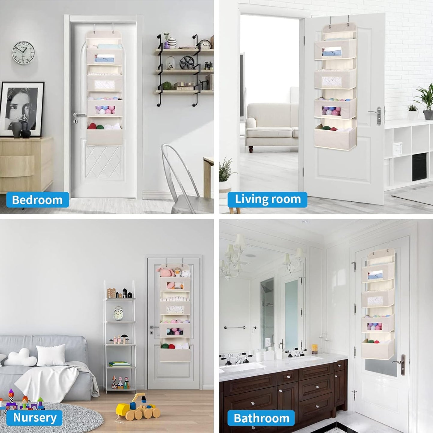 MAX Houser 4-Shelf Over The Door Hanging Organizer with 2 Metal Hooks, 4 Pocket Swing-Proof Behind Door Organizers with Clear Windows for Nursery Bathroom Closet,Dorm,Baby Diapers, Kids Toys (Beige)