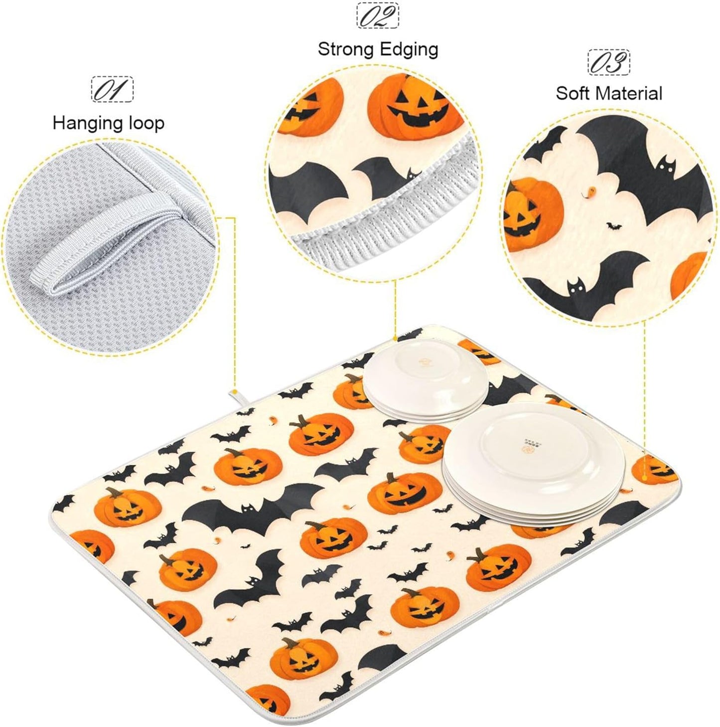Halloween Black Bat Dish Drying Mat for Kitchen Countertop 16x18 Spooky Evil Pumpkin Lantern Small Drying Mat Reusable Quick Dry Dish Sink Mats Easy Clean Decorative Essentials