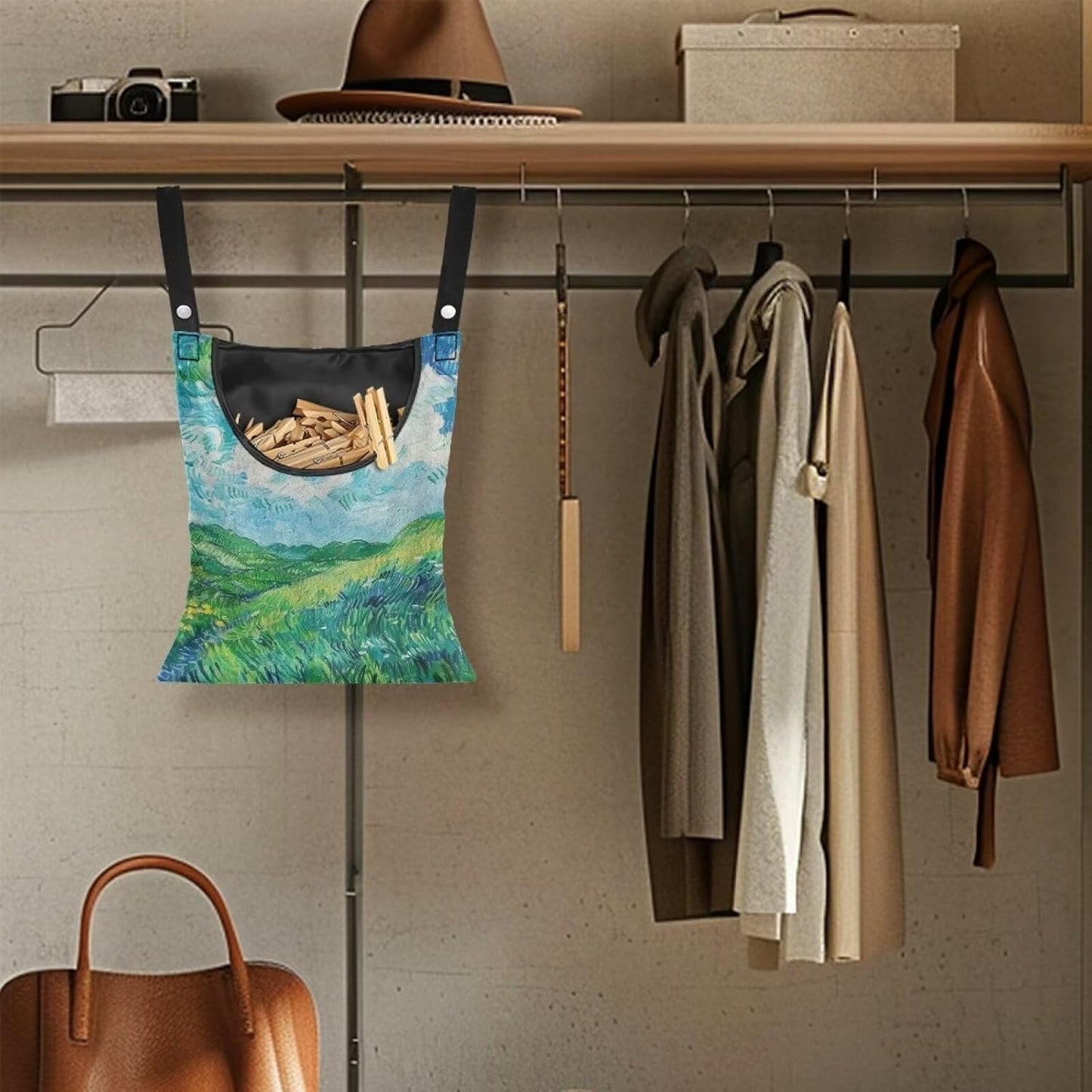 Van Gogh Wheatfield Laundry Clothespin Bags Hanging Storage Organizer 12 x 14.5 Inch Clothes Pin Bag Waterproof Clothespin Bag Clothespin Holder Large Opening and Hanging Rope