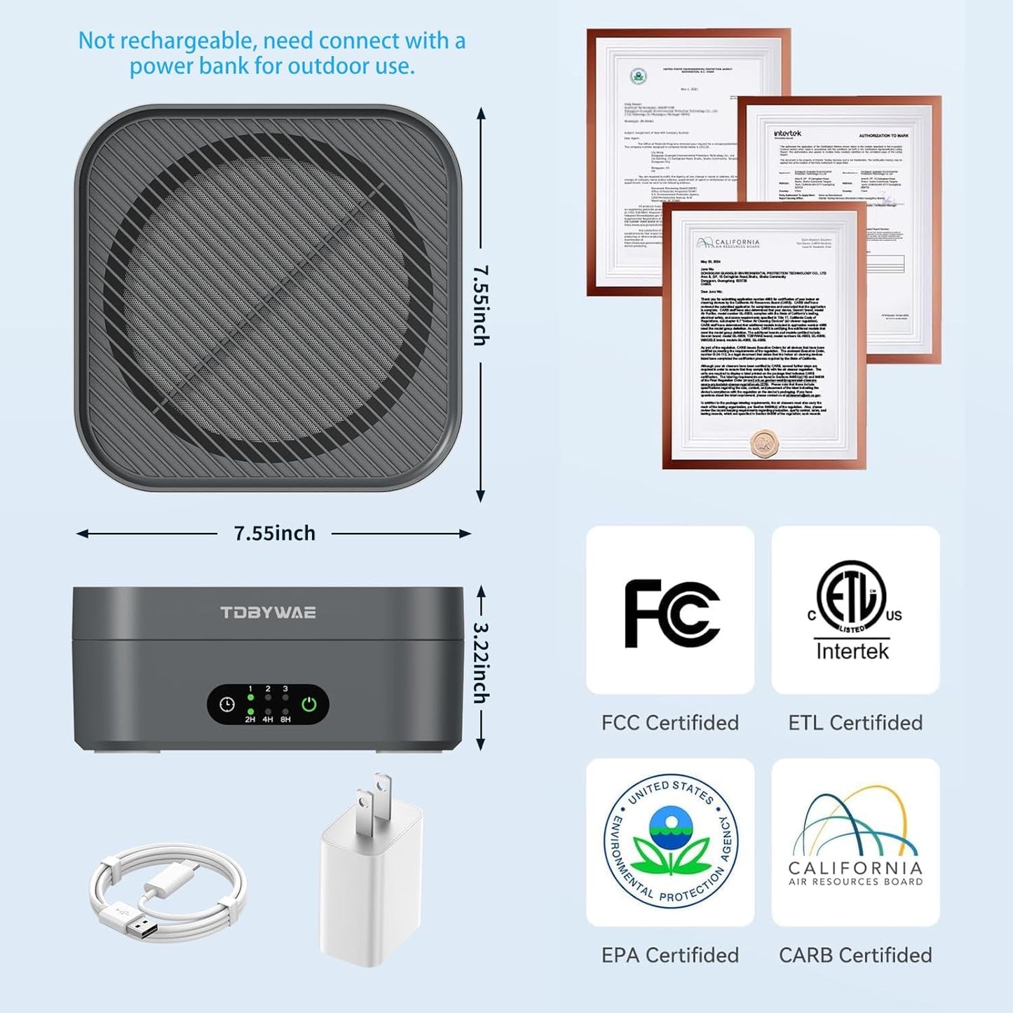 Air Purifiers for Home 600 Sq.Ft, TDBYWAE H13 True HEPA Air Purifier with USB Cable for Pets Dust Dander Pollen Odor Smoke, Small Portable Air Purifier for Bedroom Office Desktop Car RV (Grey)